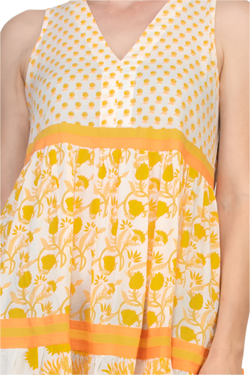 Chelsea and Theodore V-Neckline Sleeveless Mixed Print Tiered A-Line Maxi Dress - MULTI - FABRIC