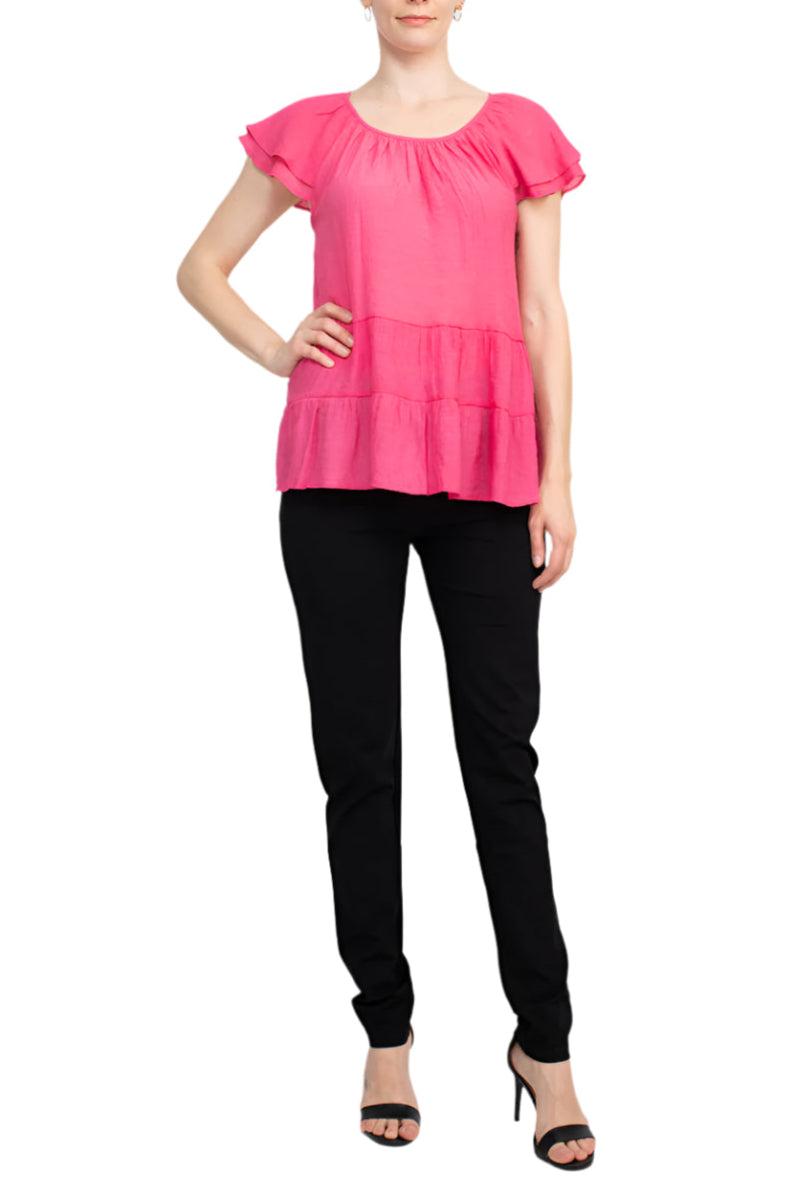 Counterparts Scoop Neck Cap Sleeve Ruched Rayon Top - STRAWBERRY - Front Full View