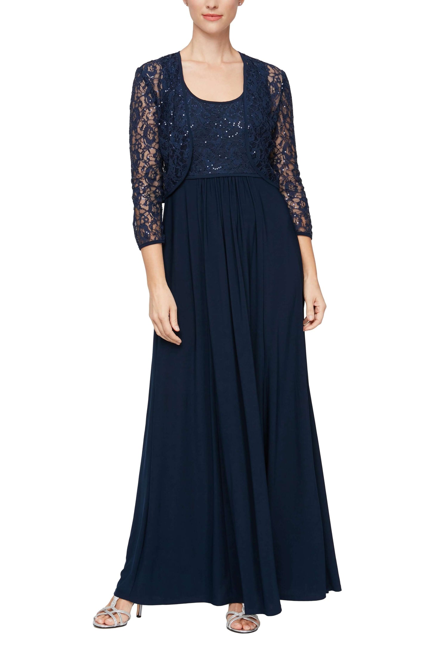 SL Fashion Scoop Neck Sleeveless Empire Waist Sequined Knit Bodice with Matching Bolero - NAVY - Front