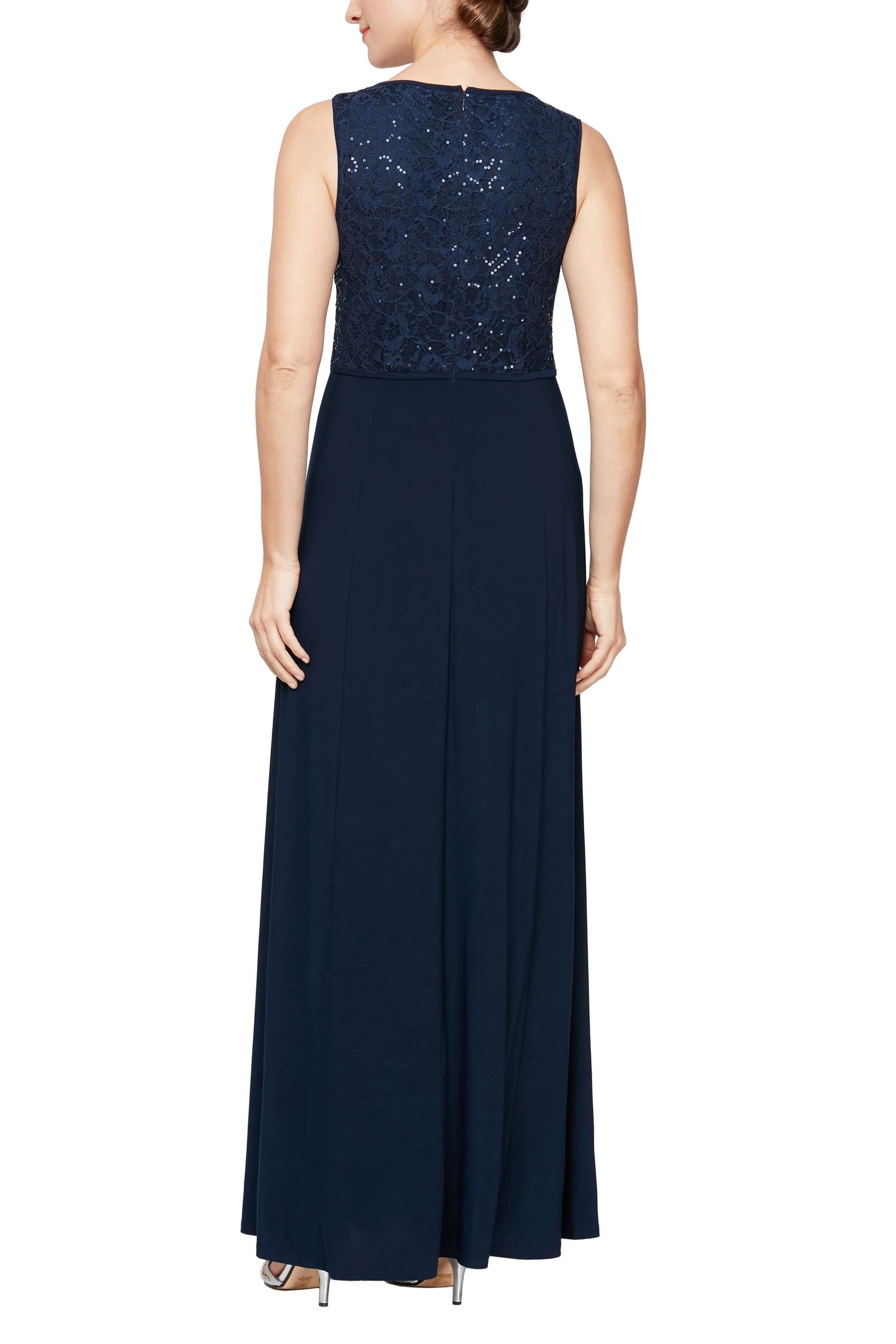 SL Fashion Scoop Neck Sleeveless Empire Waist Sequined Knit Bodice with Matching Bolero - NAVY - Back Without Jacket