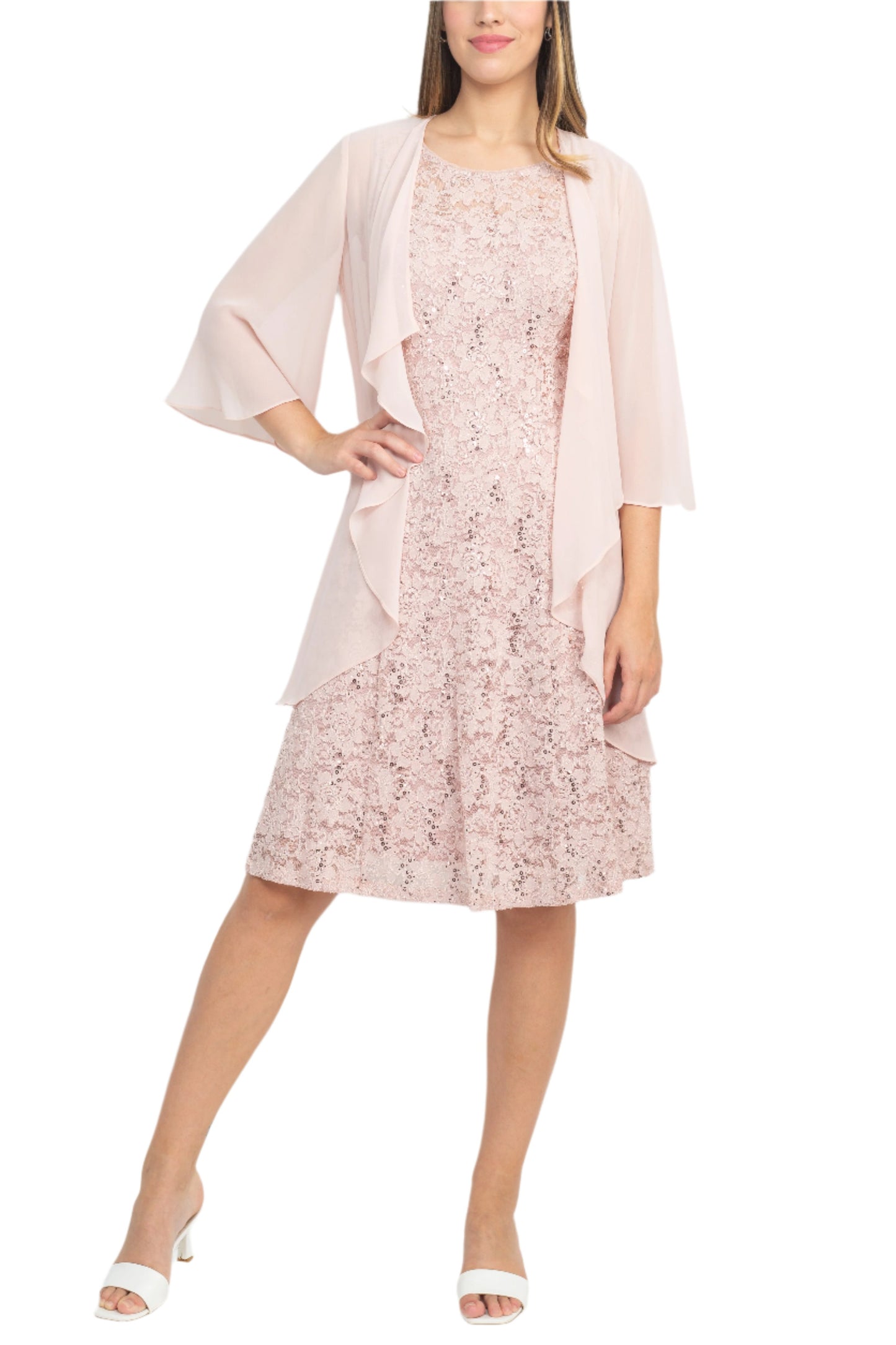 SL Fashion Boat Neck Sleeveless Embellished Fit & Flare Keyhole Back Zipper Back Lace Dress with Open Front Elbow Length Sleeve Cascade  Front Chiffon Jacket - BLUSH - FRONT