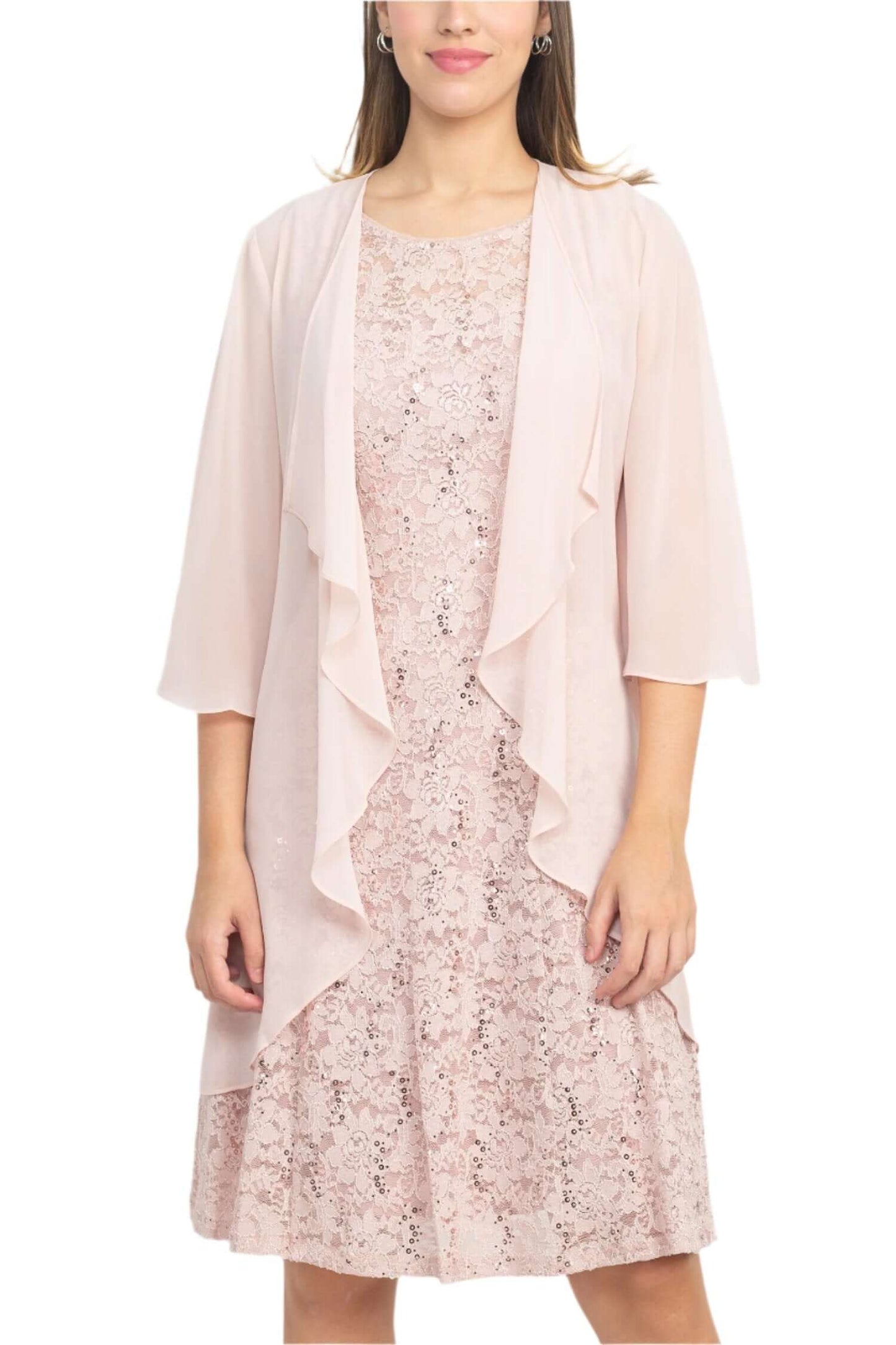 SL Fashion Boat Neck Sleeveless Embellished Fit & Flare Keyhole Back Zipper Back Lace Dress with Open Front Elbow Length Sleeve Cascade  Front Chiffon Jacket - BLUSH - FRONT VIEW