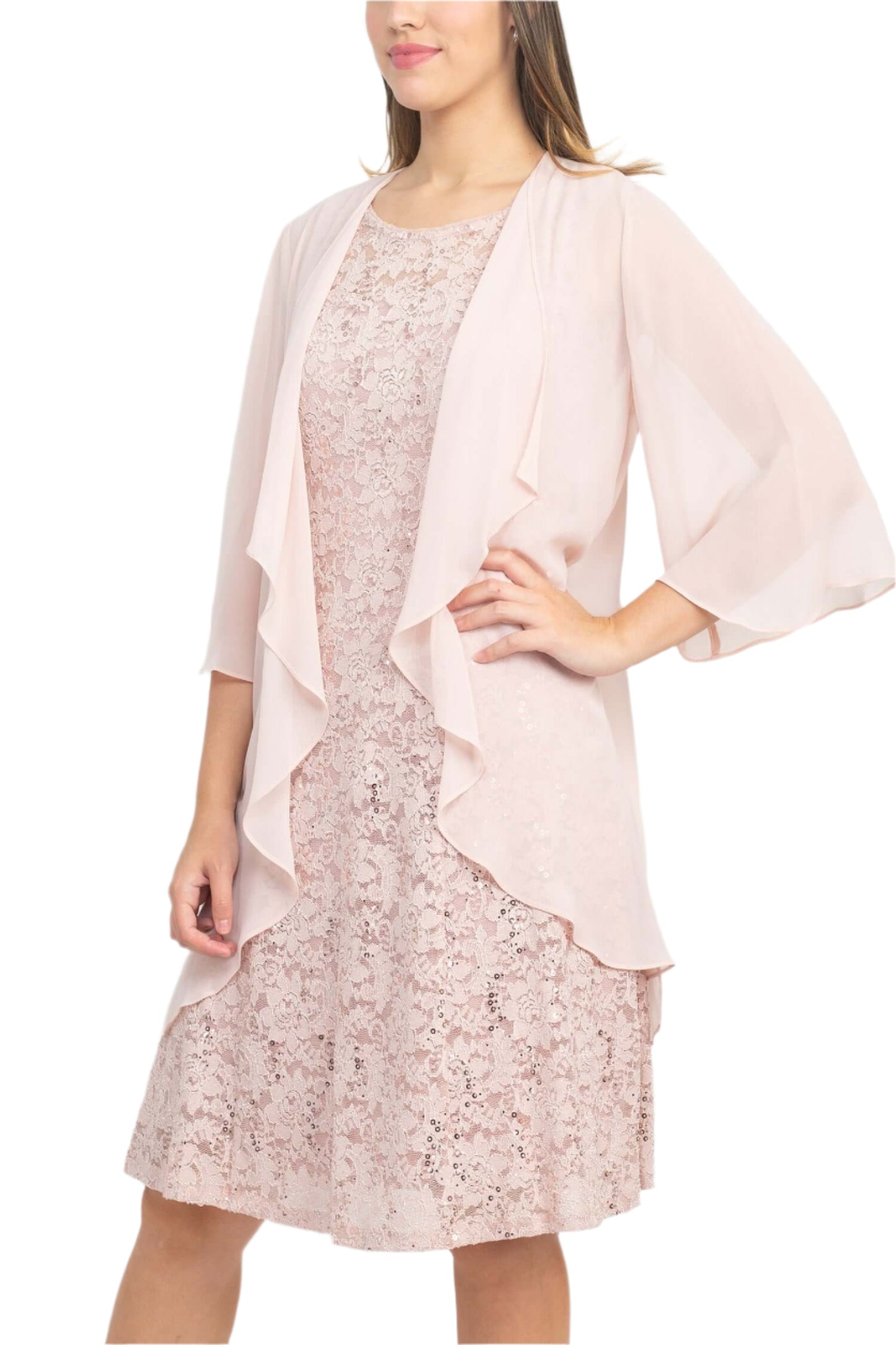 SL Fashion Boat Neck Sleeveless Embellished Fit & Flare Keyhole Back Zipper Back Lace Dress with Open Front Elbow Length Sleeve Cascade  Front Chiffon Jacket - BLUSH - SIDE VIEW