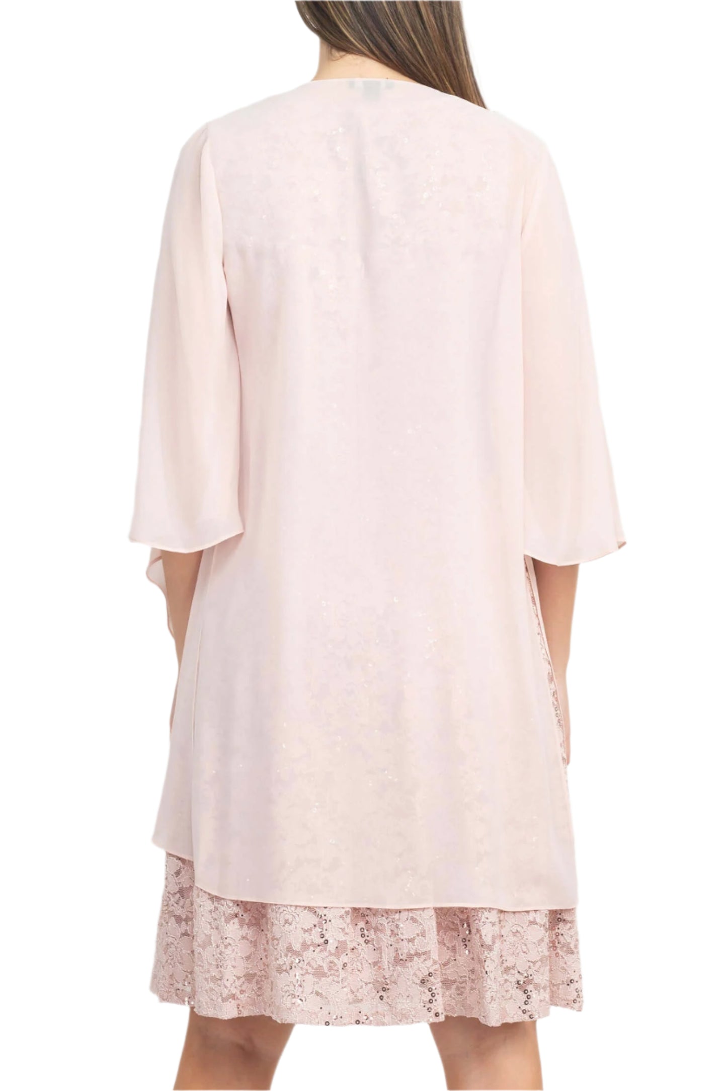 SL Fashion Boat Neck Sleeveless Embellished Fit & Flare Keyhole Back Zipper Back Lace Dress with Open Front Elbow Length Sleeve Cascade  Front Chiffon Jacket - BLUSH - BACK VIEW
