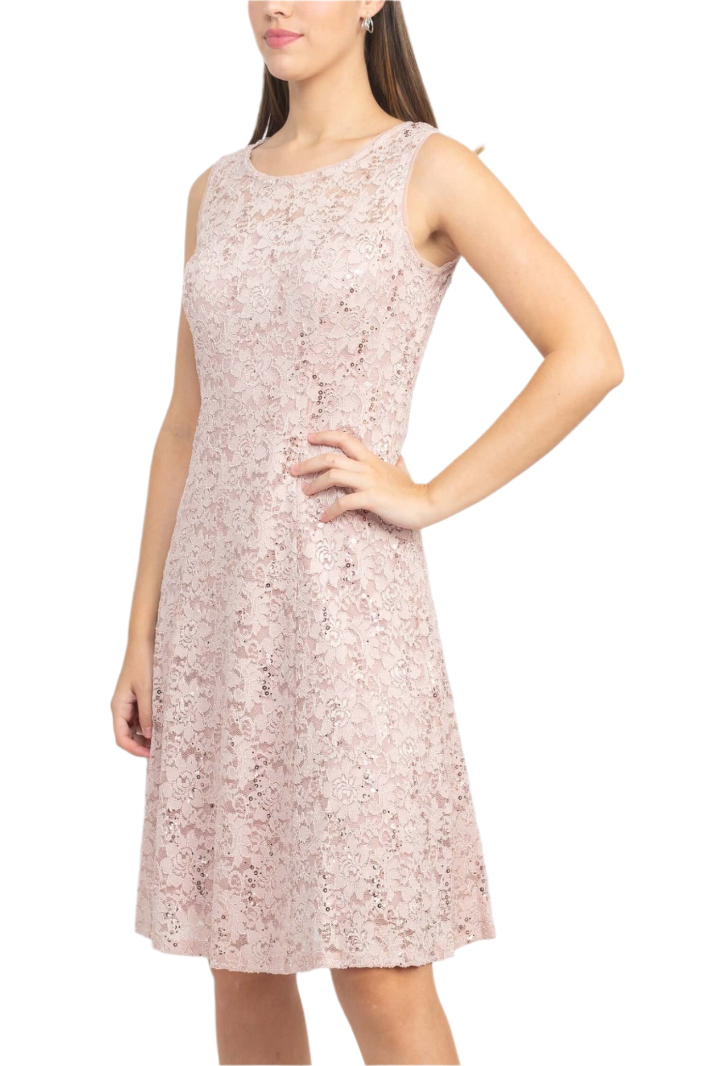 SL Fashion Boat Neck Sleeveless Embellished Fit & Flare Keyhole Back Zipper Back Lace Dress with Open Front Elbow Length Sleeve Cascade  Front Chiffon Jacket - BLUSH - SIDE VIEW WITHOUT JACKET