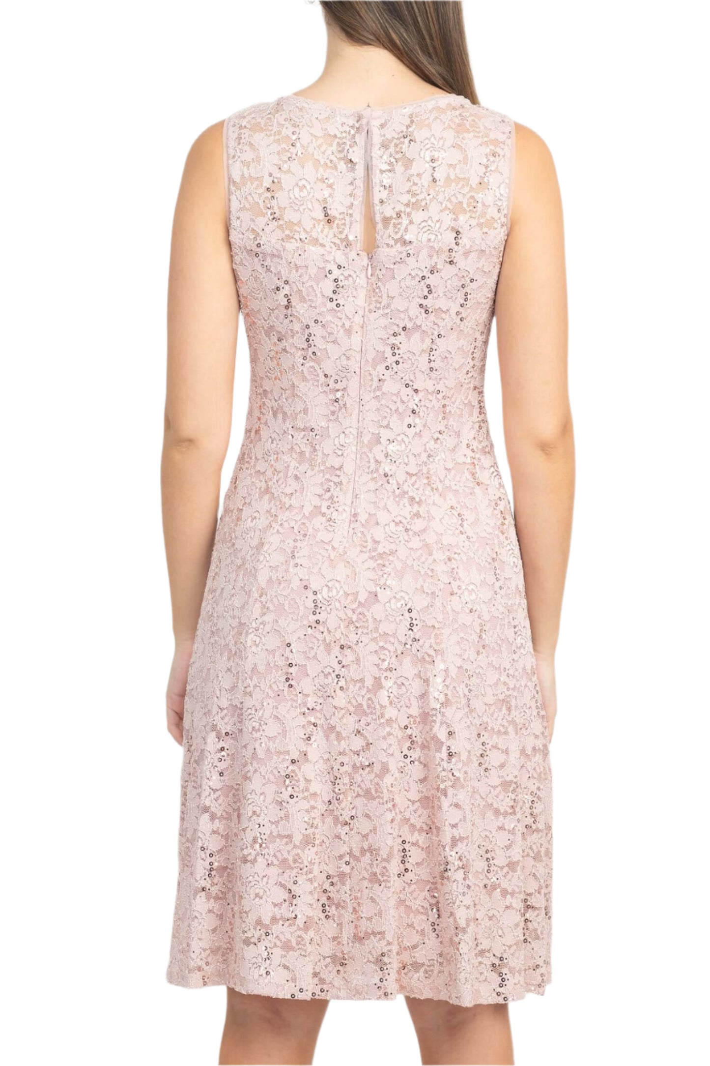 SL Fashion Boat Neck Sleeveless Embellished Fit & Flare Keyhole Back Zipper Back Lace Dress with Open Front Elbow Length Sleeve Cascade  Front Chiffon Jacket - BLUSH - BACK VIEW WITHOUT JACKET