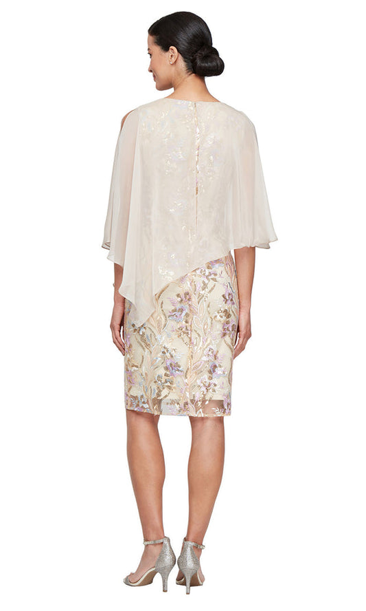 V-Neck Petite Embroidered Sheath Cape Dress SL Fashions 9220315