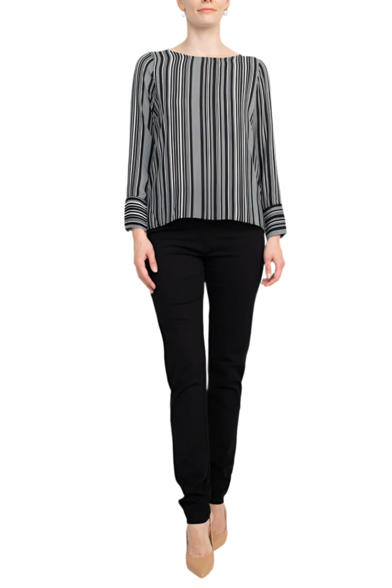 Counterparts Boat Neck Cuffed Long Sleeve Stripe Print Crepe Top - BLACK WHITE STRIPE - Front Full View