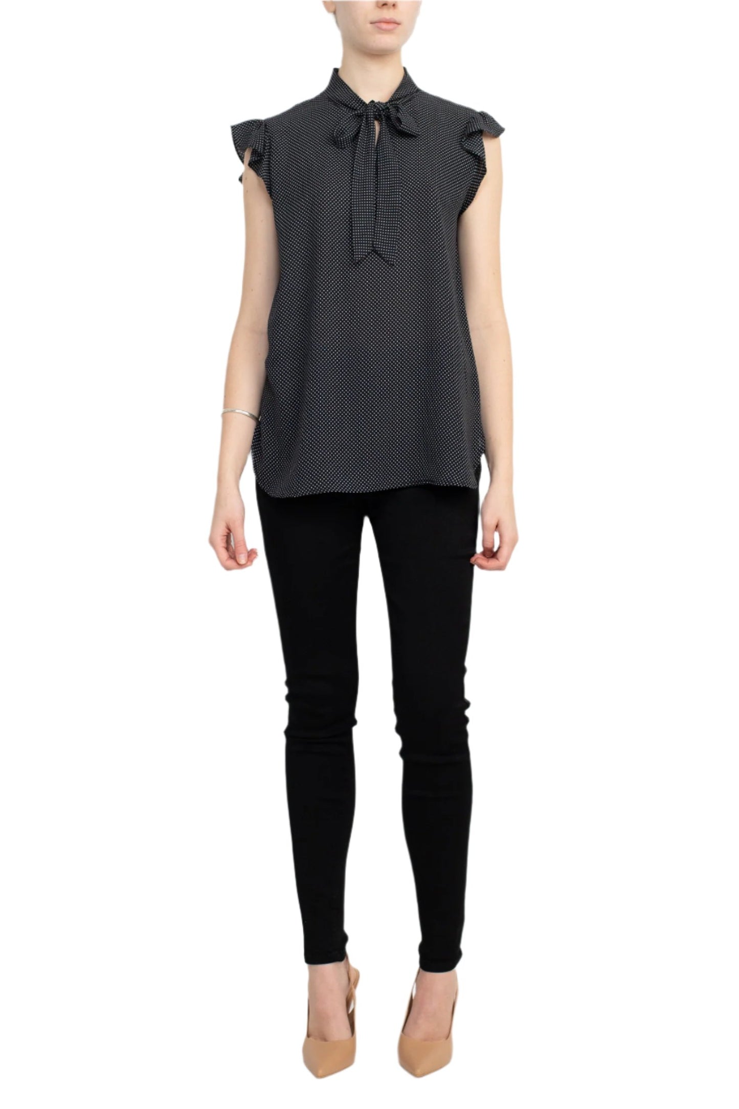 Counterparts Tie Neck Flutter Sleeve Mini Polka Dot Print Crepe Top - BLACK WHITE - FRONT FULL VIEW