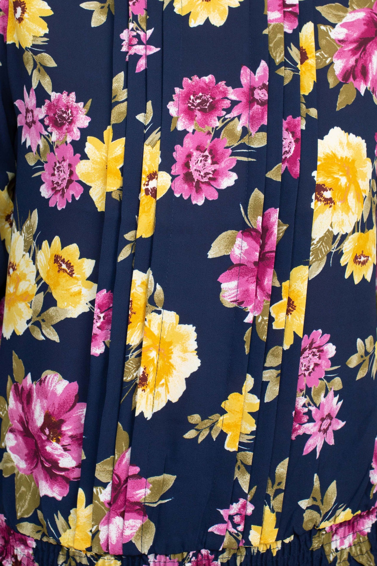Counterparts Crew Neck Long Sleeve Elastic Cuff Pleated Front Multi Print Crepe Top - BLUE RADIANCE - Fabric