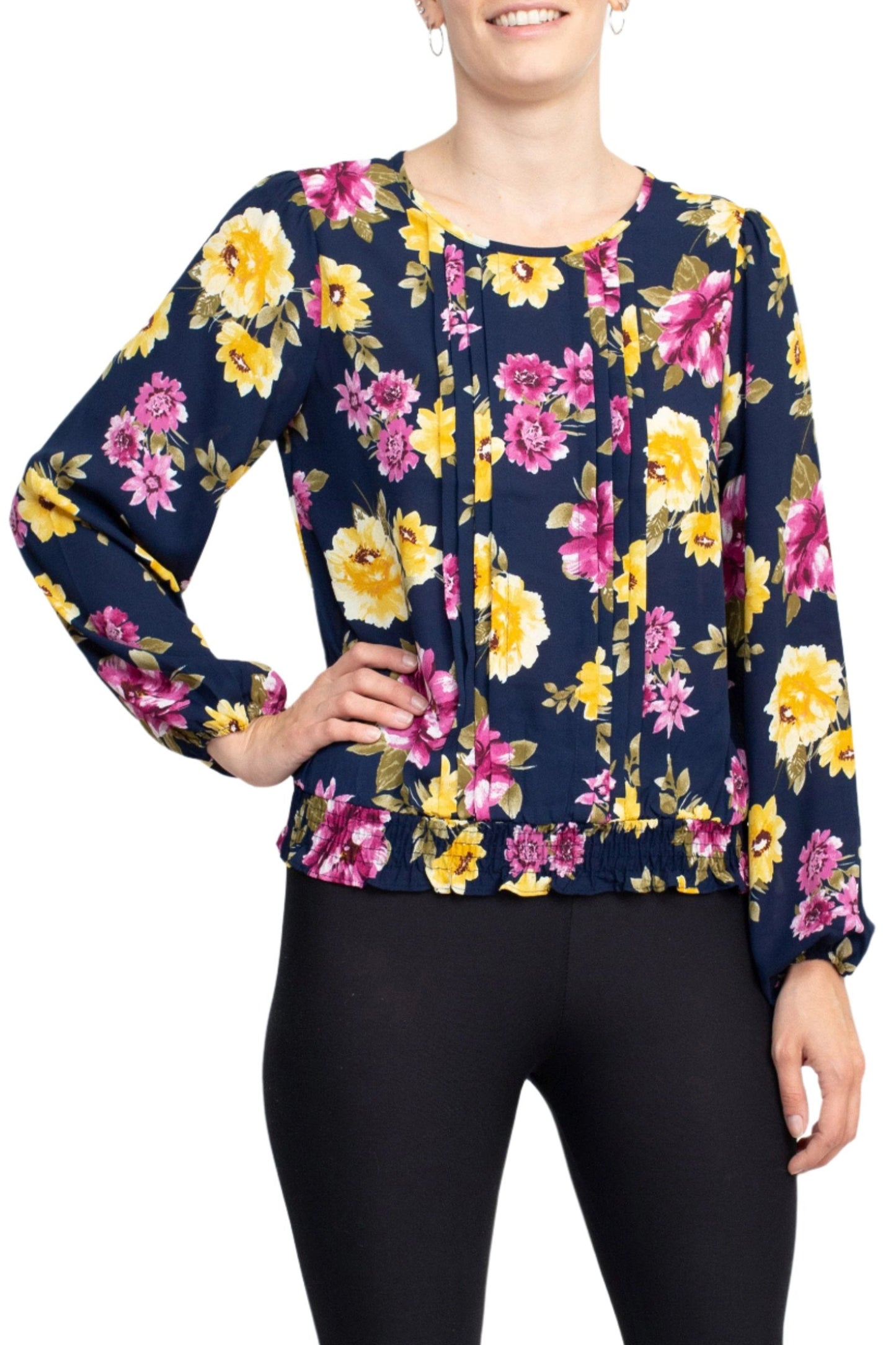 Counterparts Crew Neck Long Sleeve Elastic Cuff Pleated Front Multi Print Crepe Top - BLUE RADIANCE - Front