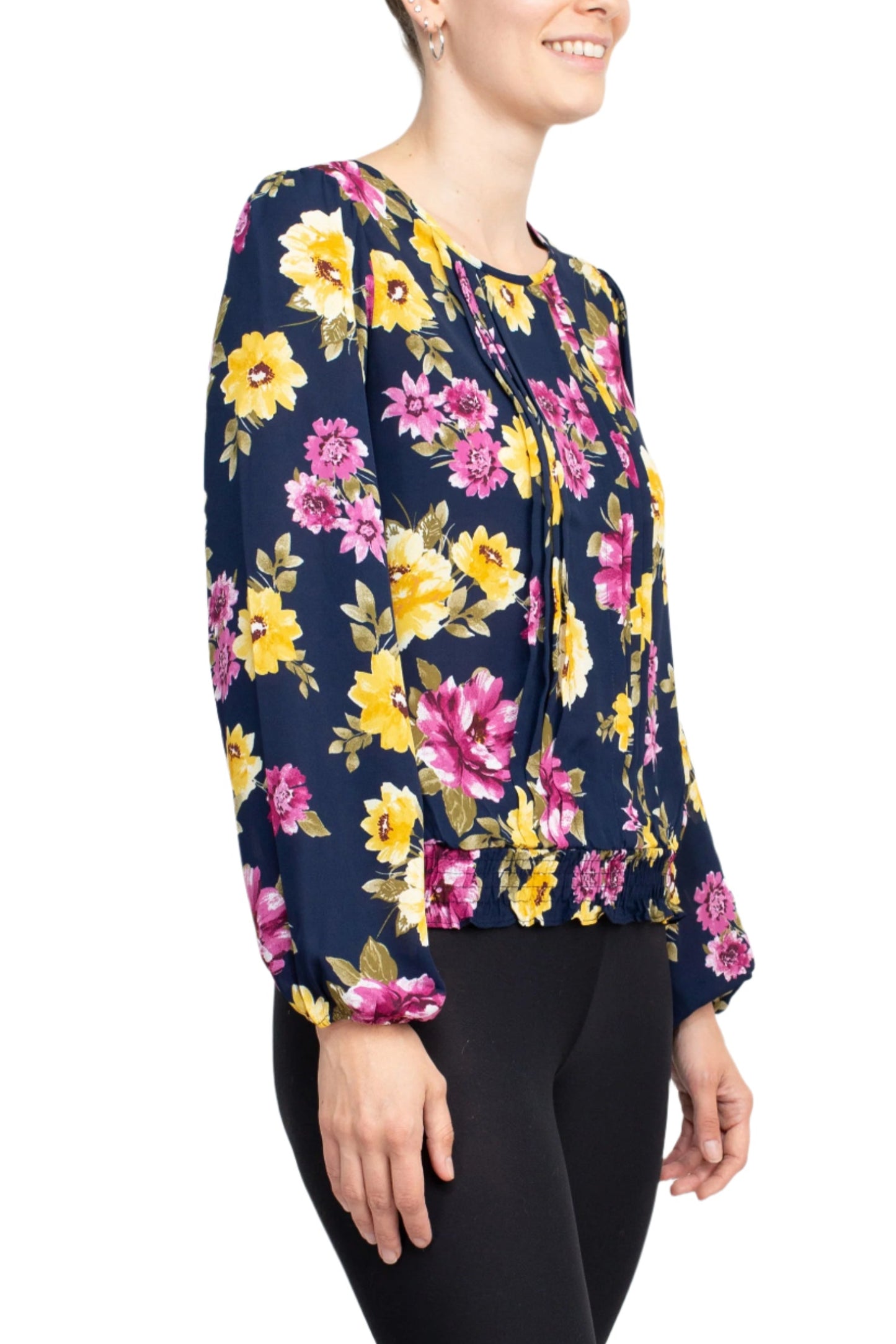 Counterparts Crew Neck Long Sleeve Elastic Cuff Pleated Front Multi Print Crepe Top - BLUE RADIANCE - Side