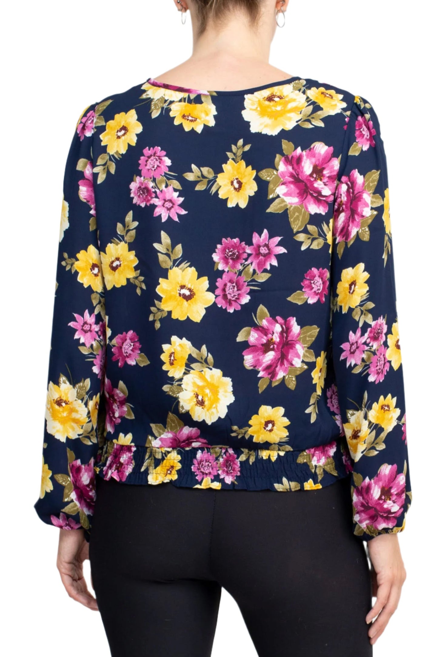 Counterparts Crew Neck Long Sleeve Elastic Cuff Pleated Front Multi Print Crepe Top - BLUE RADIANCE - Back