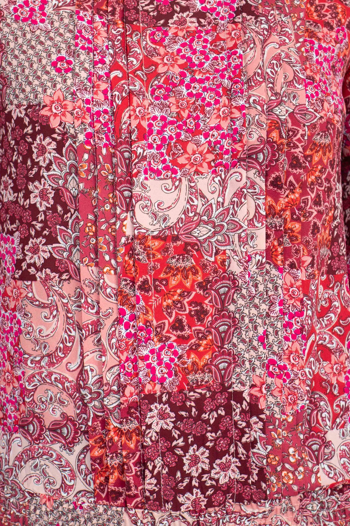 Counterparts Crew Neck Long Sleeve Elastic Cuff Pleated Front Multi Print Crepe Top - FUCHSIA EN ROUGE - Fabric