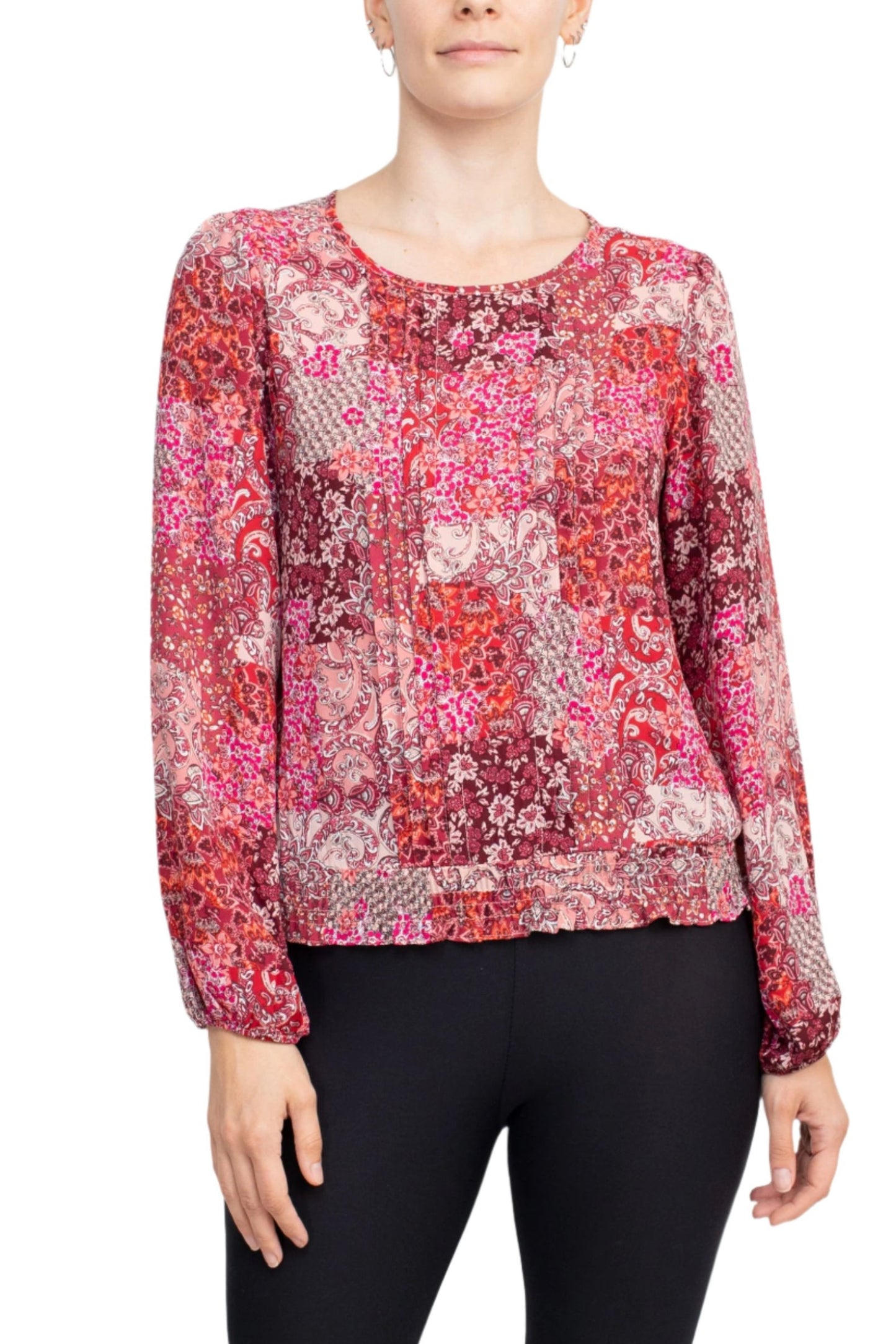 Counterparts Crew Neck Long Sleeve Elastic Cuff Pleated Front Multi Print Crepe Top - FUCHSIA EN ROUGE - Front