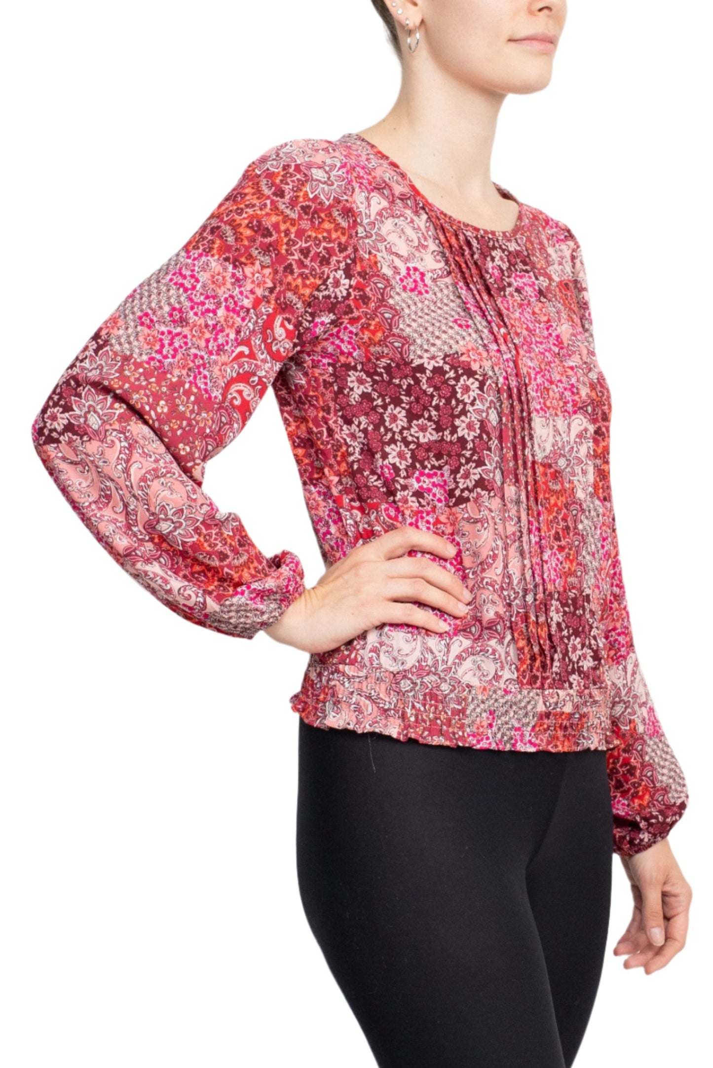 Counterparts Crew Neck Long Sleeve Elastic Cuff Pleated Front Multi Print Crepe Top - FUCHSIA EN ROUGE - Side