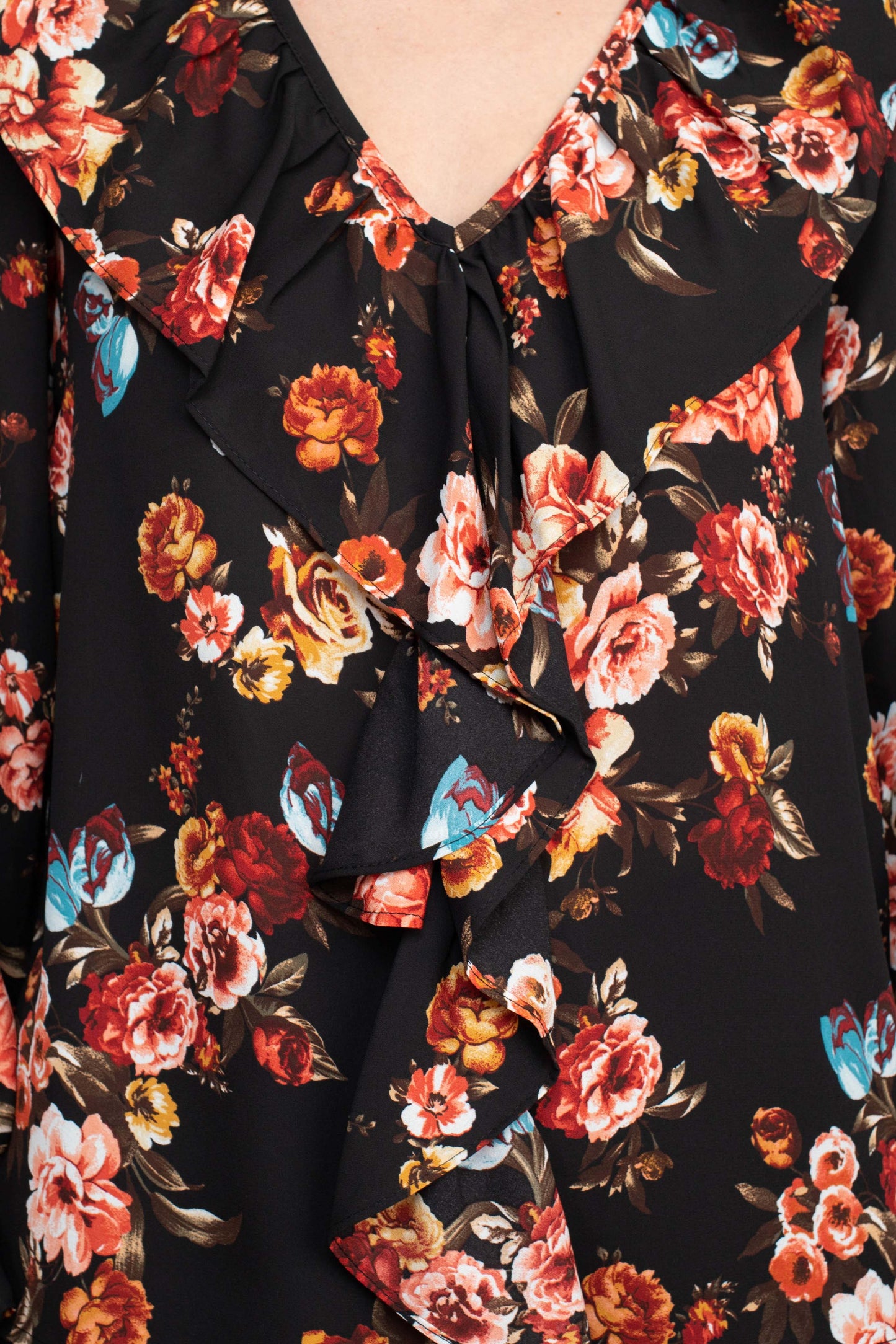 Counterparts Ruffled V-Neck Long Elastic Cuff Long Sleeve Multi Print Crepe Top - BROWN LIGHT BLUE - Fabric