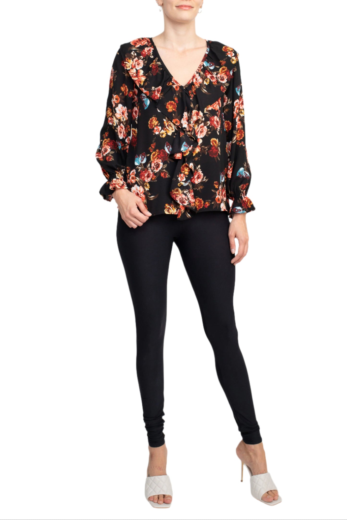 Counterparts Ruffled V-Neck Long Elastic Cuff Long Sleeve Multi Print Crepe Top - BROWN LIGHT BLUE - Front Full View