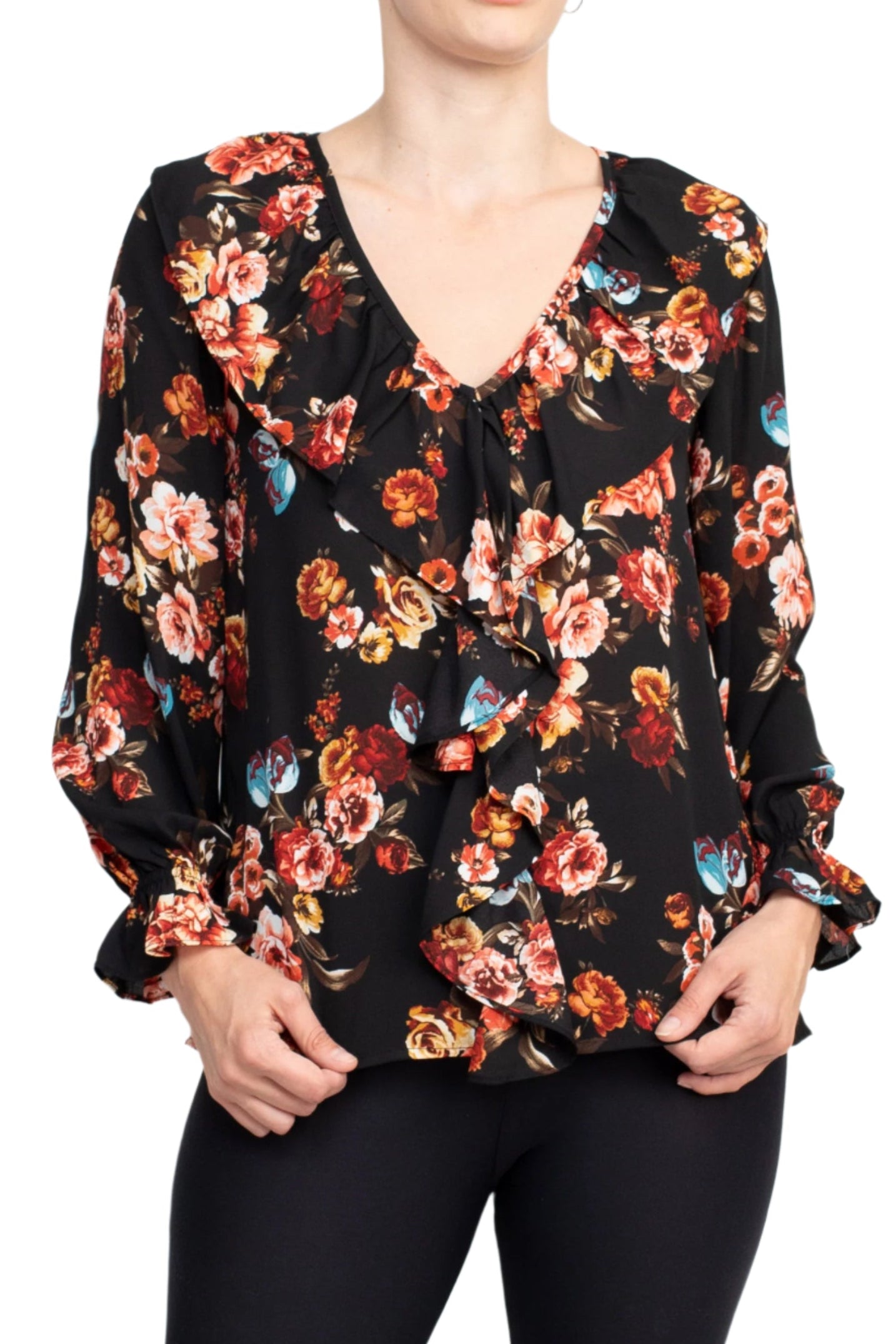 Counterparts Ruffled V-Neck Long Elastic Cuff Long Sleeve Multi Print Crepe Top - BROWN LIGHT BLUE - Front