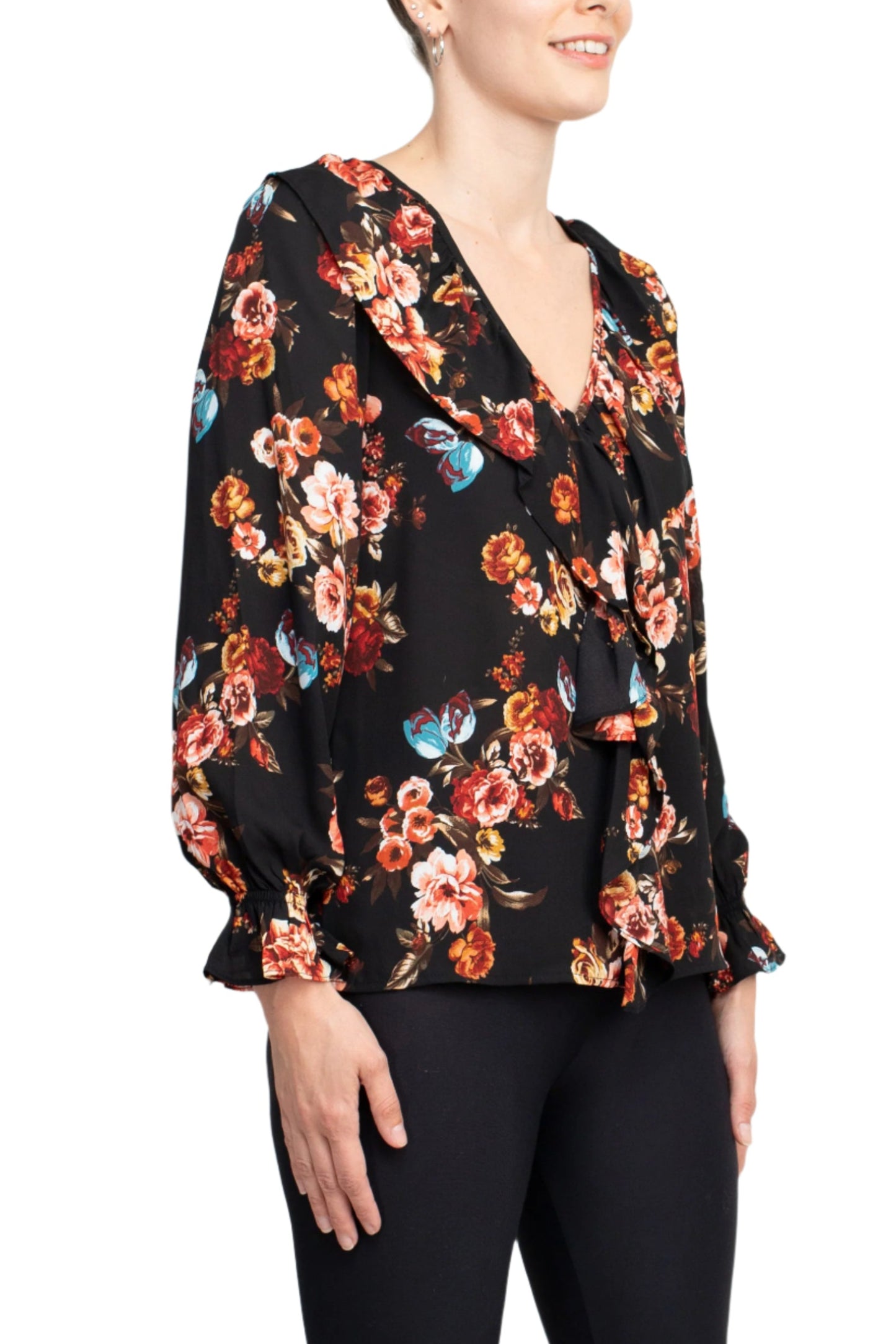 Counterparts Ruffled V-Neck Long Elastic Cuff Long Sleeve Multi Print Crepe Top - BROWN LIGHT BLUE - Side