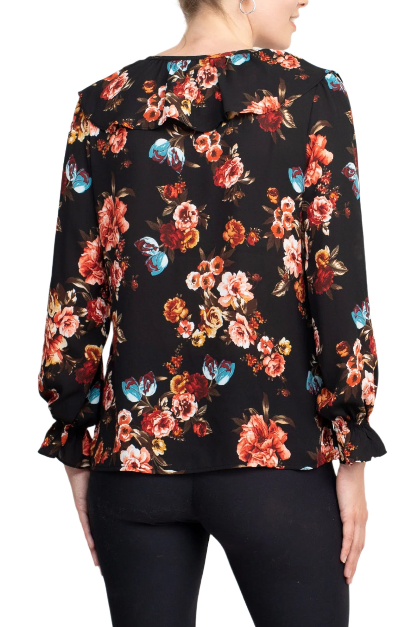 Counterparts Ruffled V-Neck Long Elastic Cuff Long Sleeve Multi Print Crepe Top - BROWN LIGHT BLUE - Back