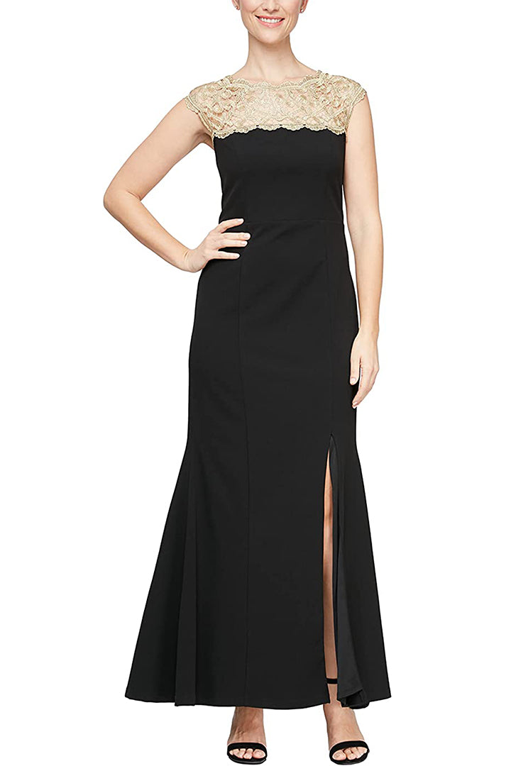 SL Fashion Scalloped Neck Sleeveless Lace Neck & Shoulder Slit Front Zipper Back Crepe Dress - BLACK GOLD - FRONT