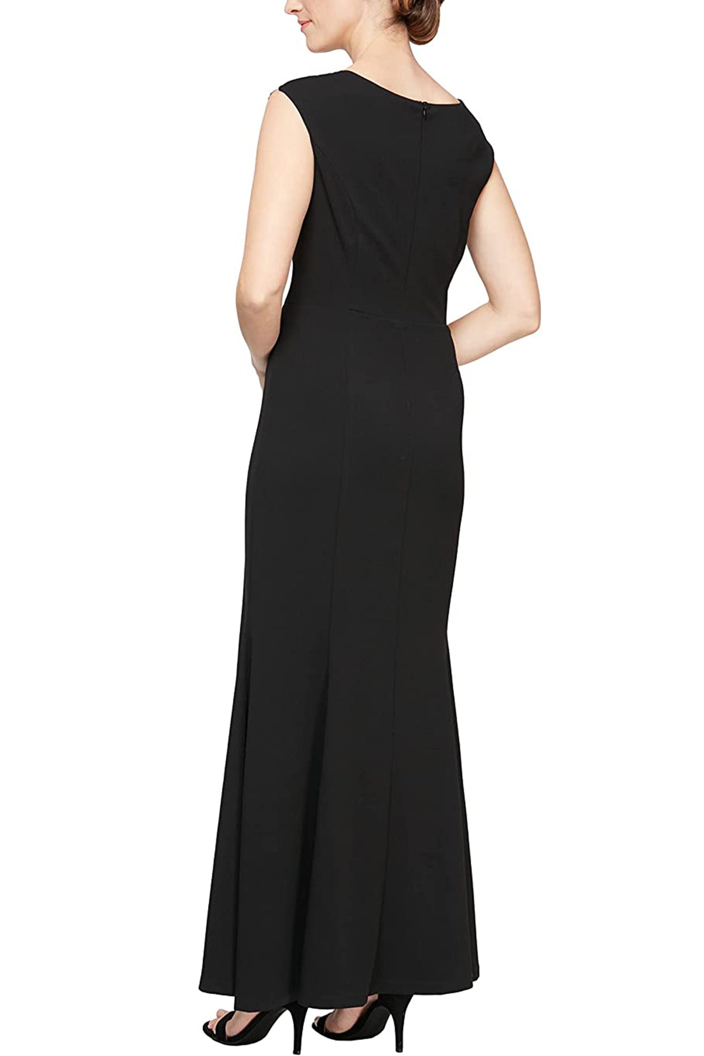 SL Fashion Scalloped Neck Sleeveless Lace Neck & Shoulder Slit Front Zipper Back Crepe Dress - BLACK GOLD - BACK