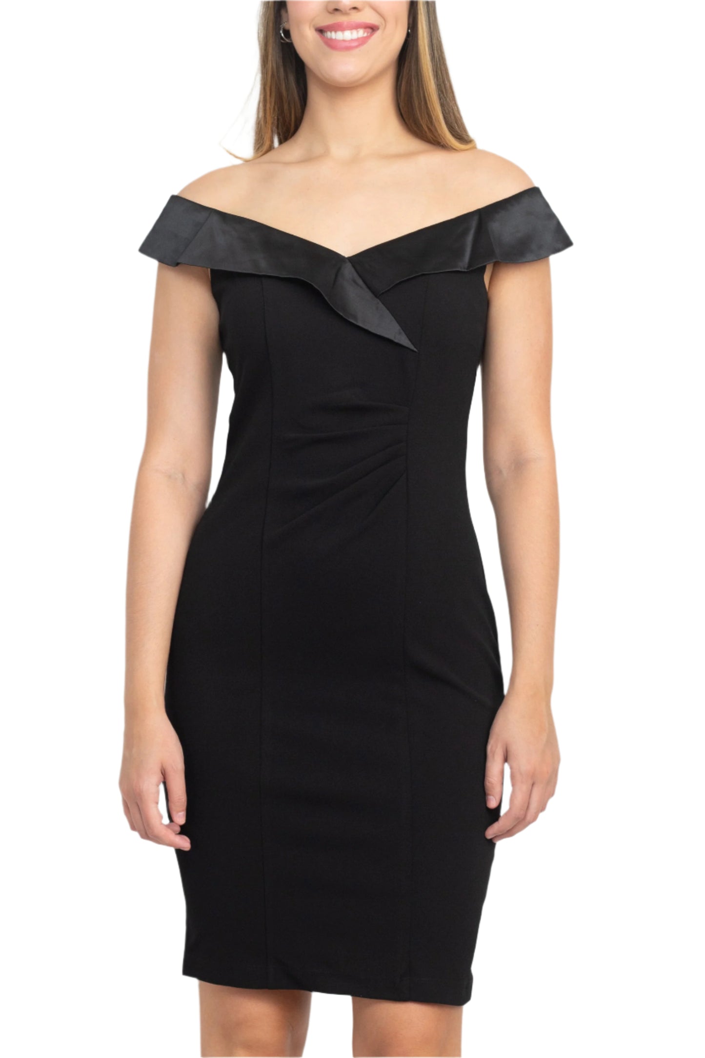 SL Fashion Off Shoulder Sleeveless Bodycon Zipper Back Ruched Bodice Detail Jersey Dress - BLACK - FRONT VIEW