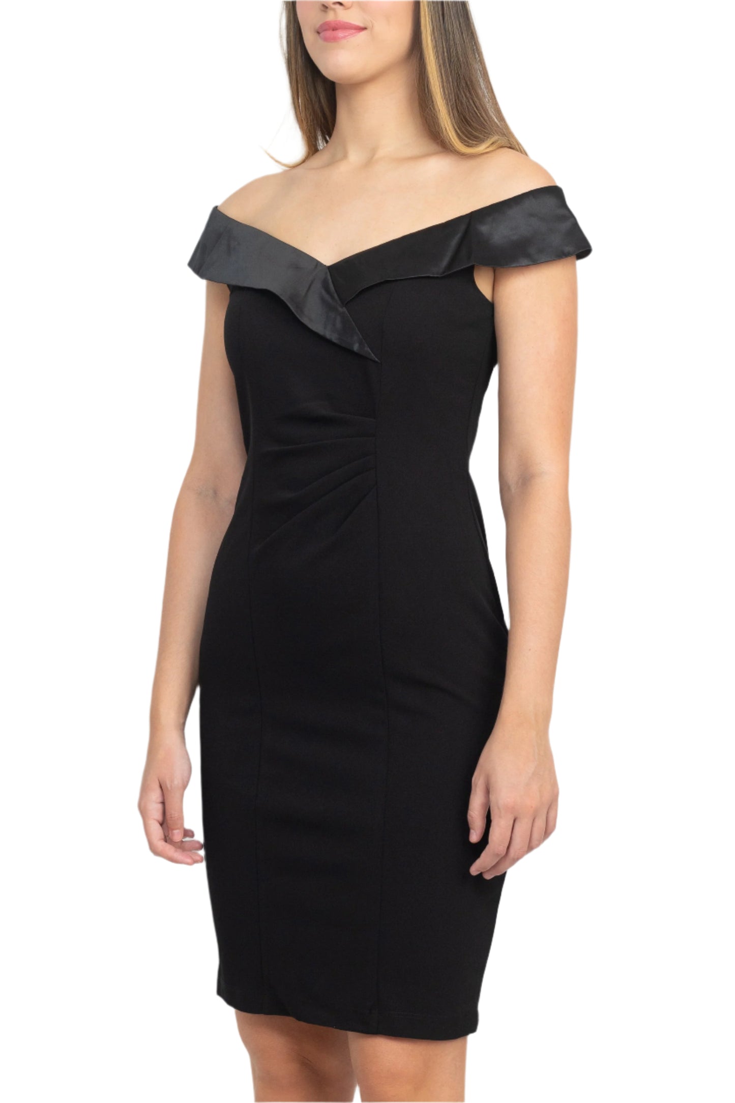 SL Fashion Off Shoulder Sleeveless Bodycon Zipper Back Ruched Bodice Detail Jersey Dress - BLACK - SIDE