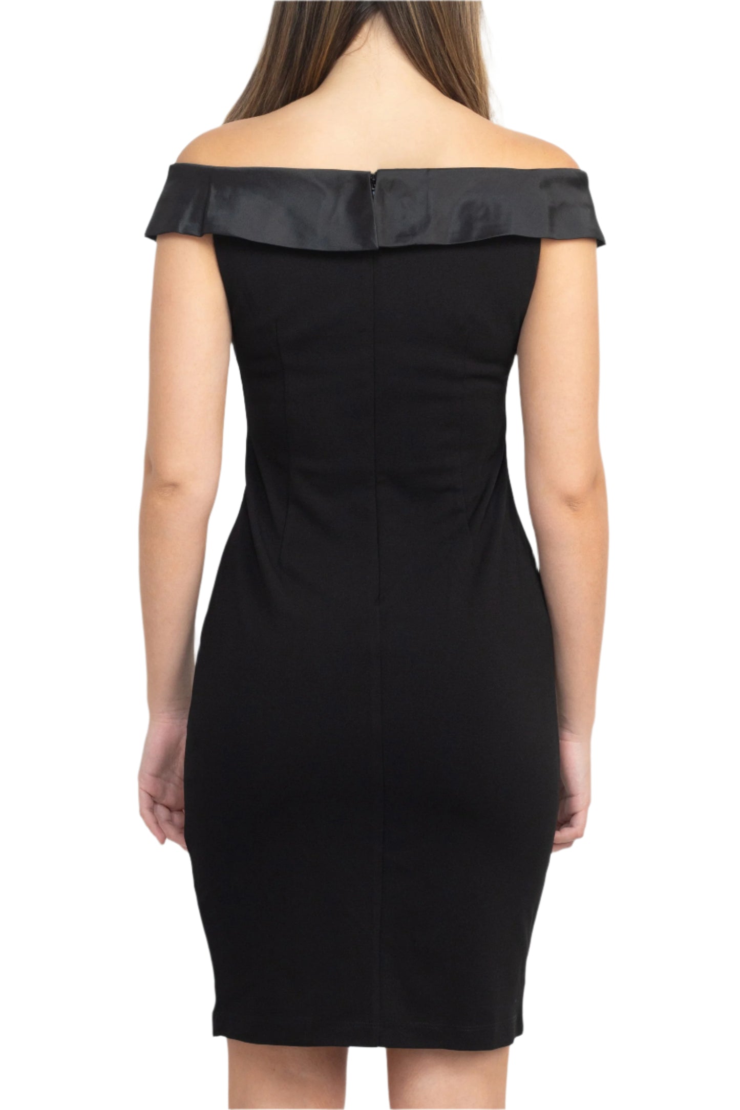 SL Fashion Off Shoulder Sleeveless Bodycon Zipper Back Ruched Bodice Detail Jersey Dress - BLACK - BACK