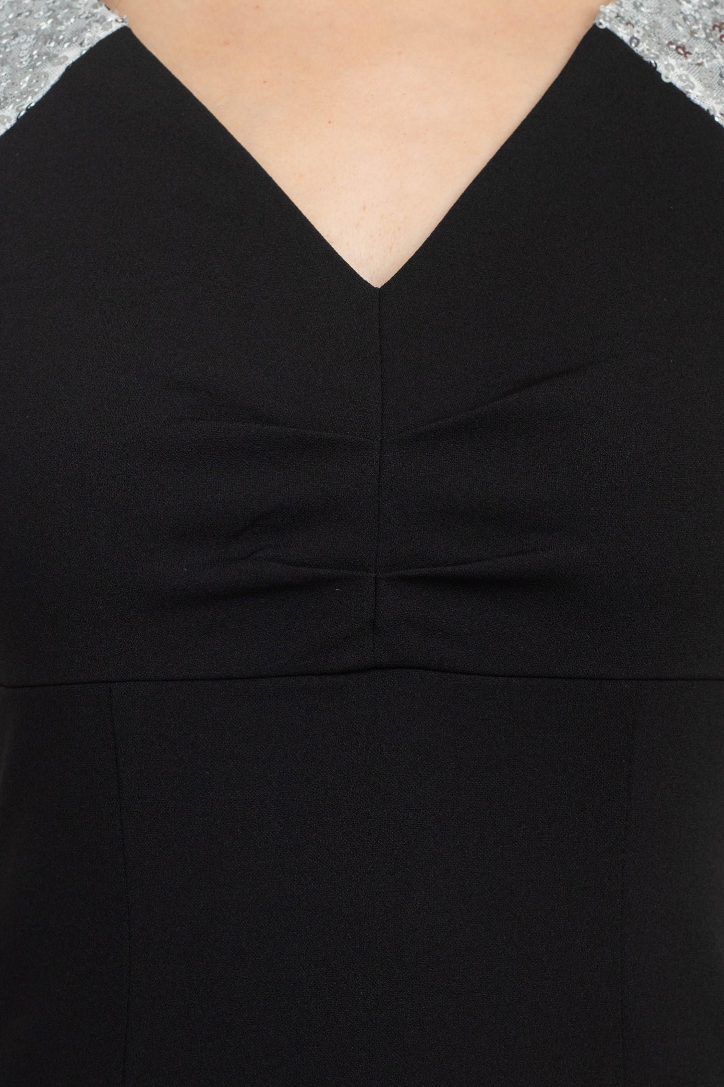 SL Fashion V-Neck Sequined Shoulder Sleeveless Slit Front Zipper Back Dress - BLACK SILVER - FABRIC