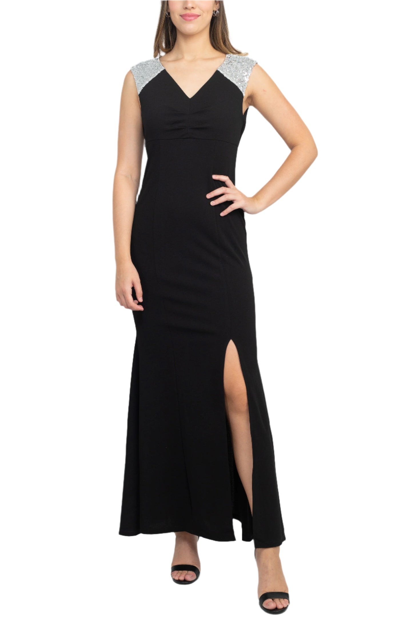 SL Fashion V-Neck Sequined Shoulder Sleeveless Slit Front Zipper Back Dress - BLACK SILVER - FRONT