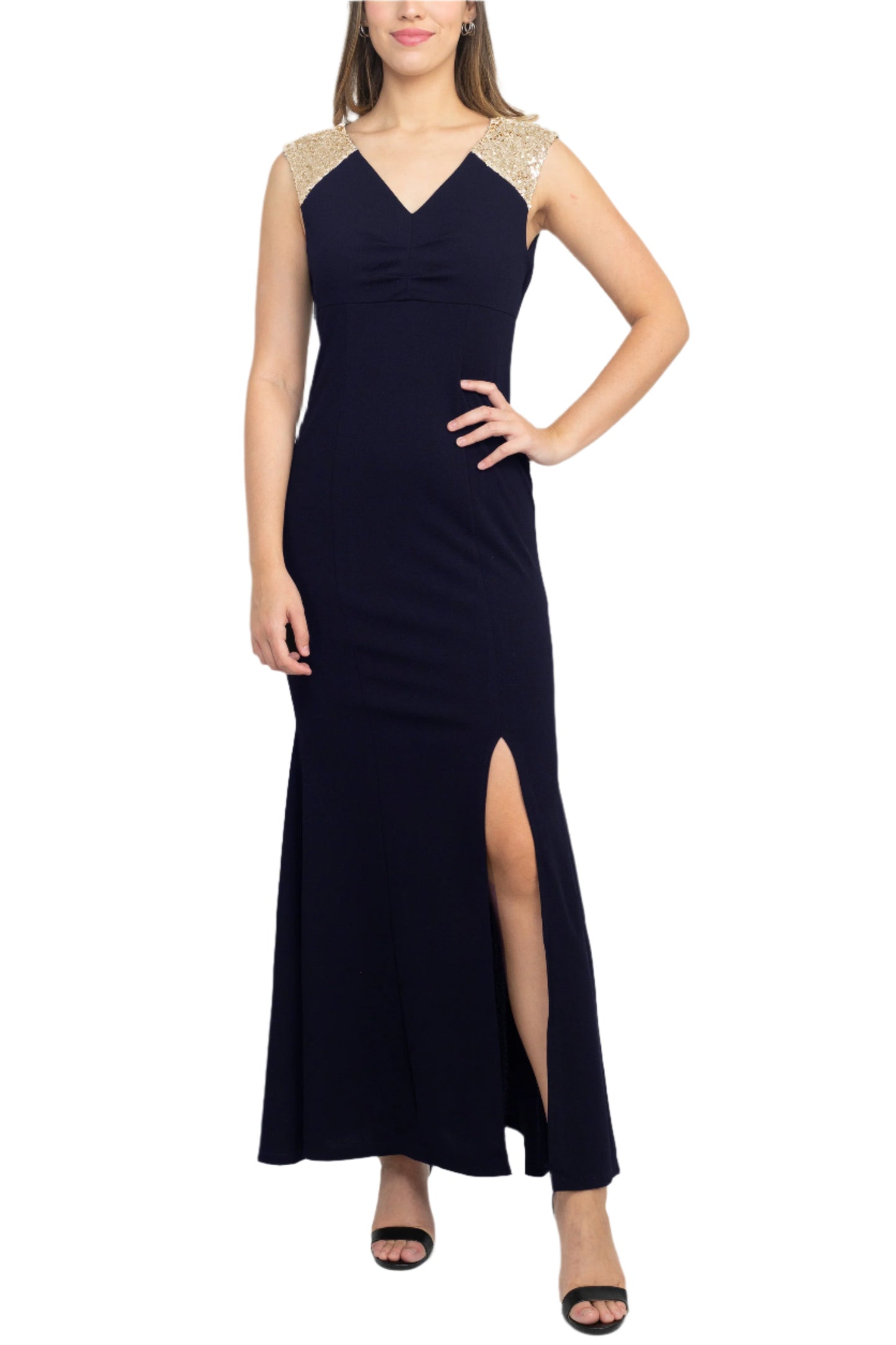 SL Fashion V-Neck Sequined Shoulder Sleeveless Slit Front Zipper Back Dress - NAVY - FRONT