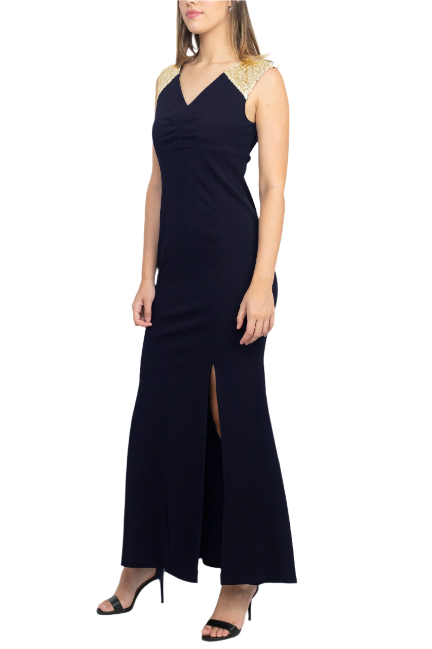 SL Fashion V-Neck Sequined Shoulder Sleeveless Slit Front Zipper Back Dress - NAVY - SIDE