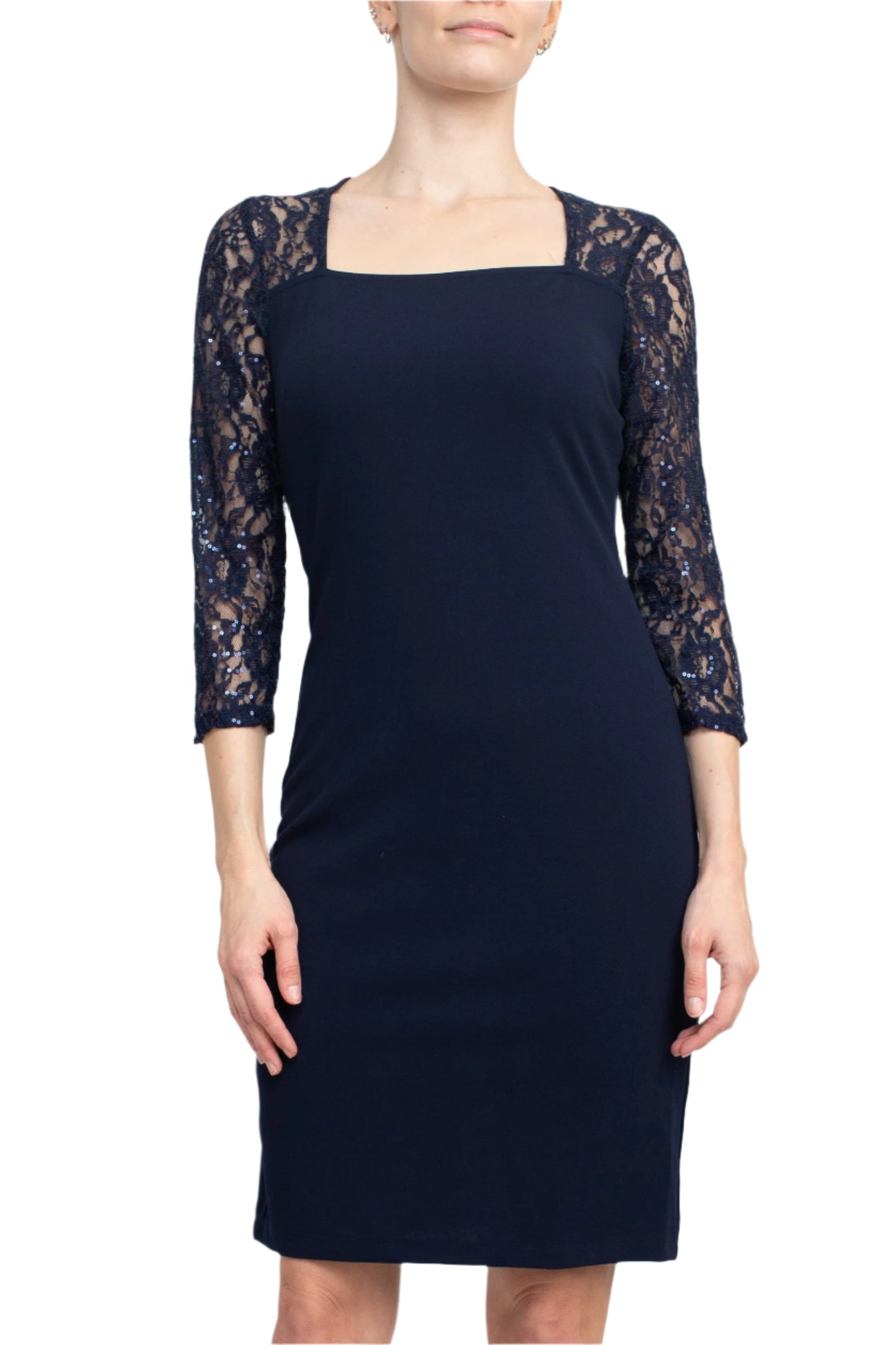 SL Fashion Square Neck 3/4 Sleeves Back Zipper Short Crepe Dress - NAVY - front full view