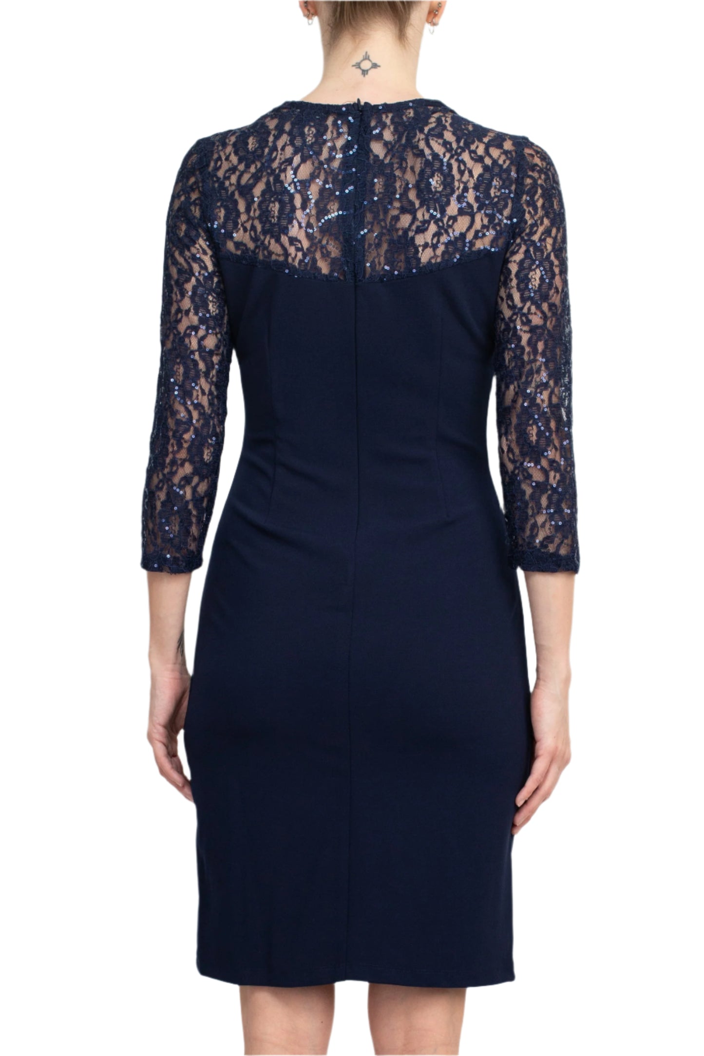 SL Fashion Square Neck 3/4 Sleeves Back Zipper Short Crepe Dress - NAVY - back