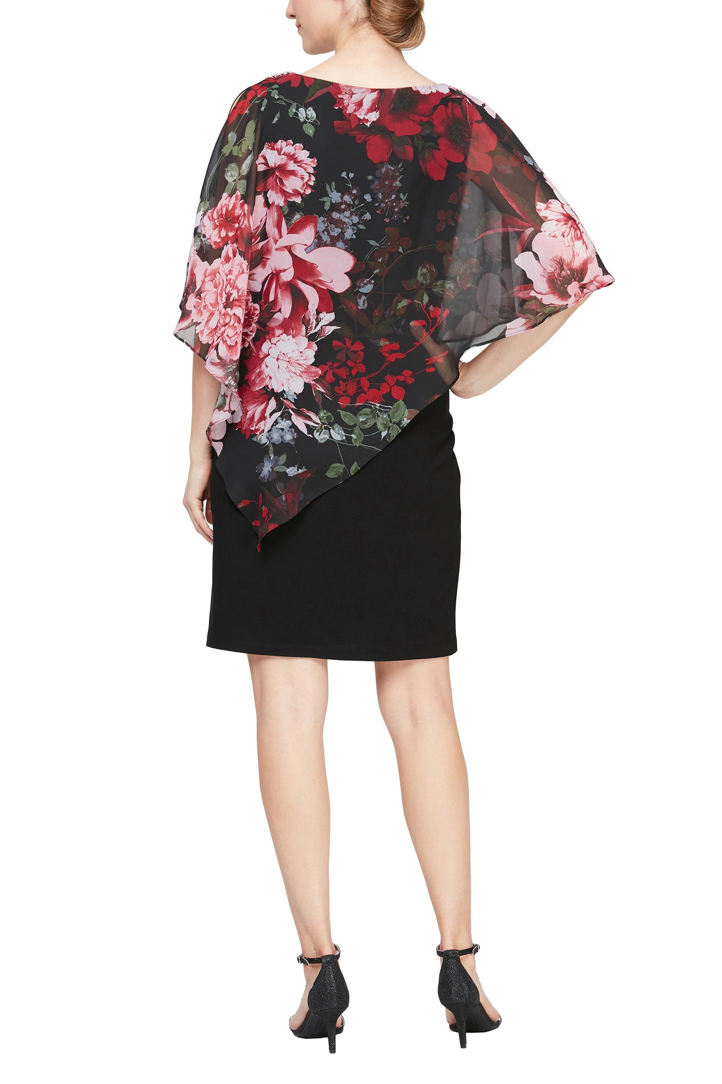 SL Fashion Boat Neck Embellished Shoulder Asymmetrical Multi Print Chiffon Overlay Jersey Dress - BLACK MULTI - Back