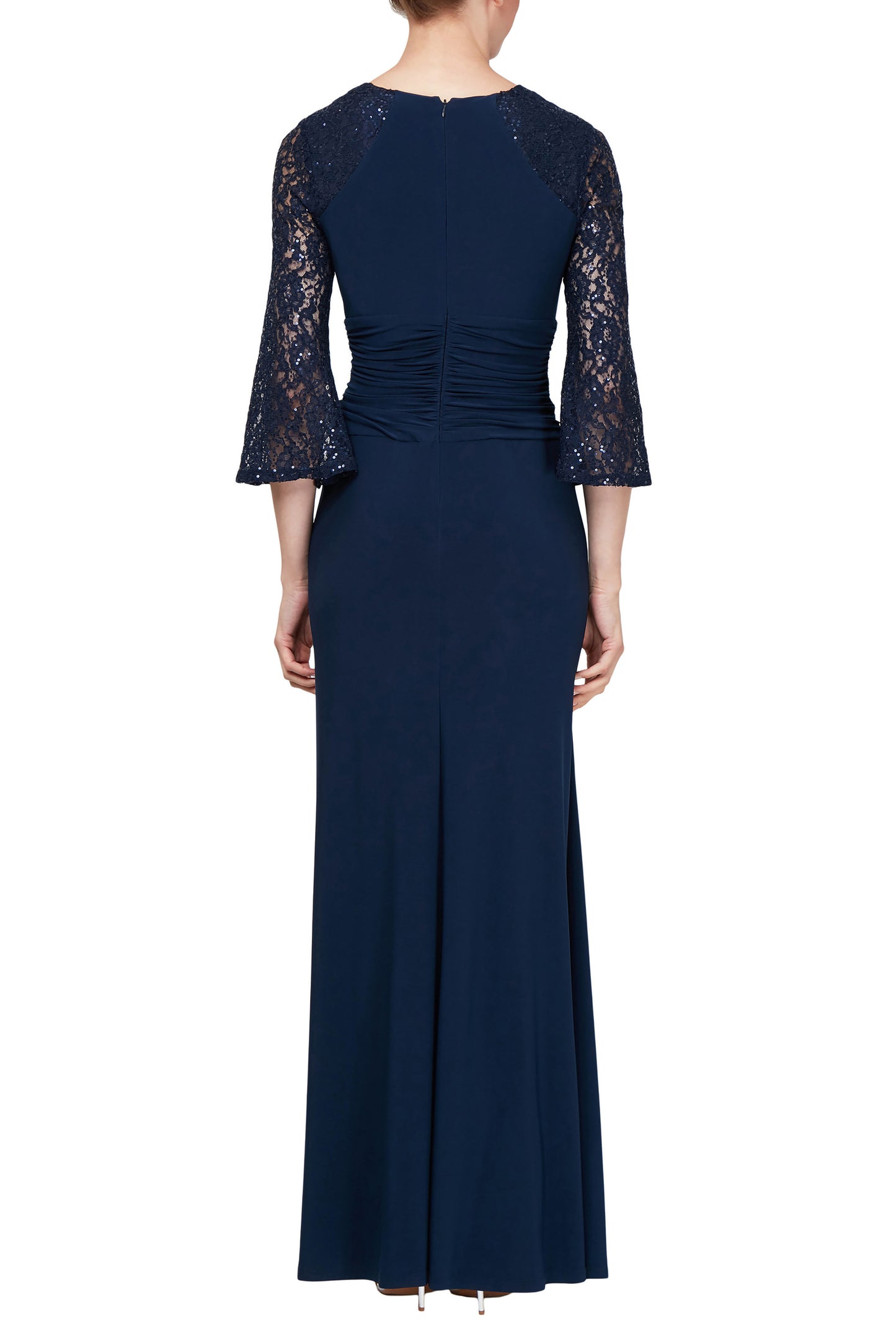 SL Fashion Boat Neck 3/4 Lace Sleeves Back Zipper Long Jersey Dress - NAVY - Back