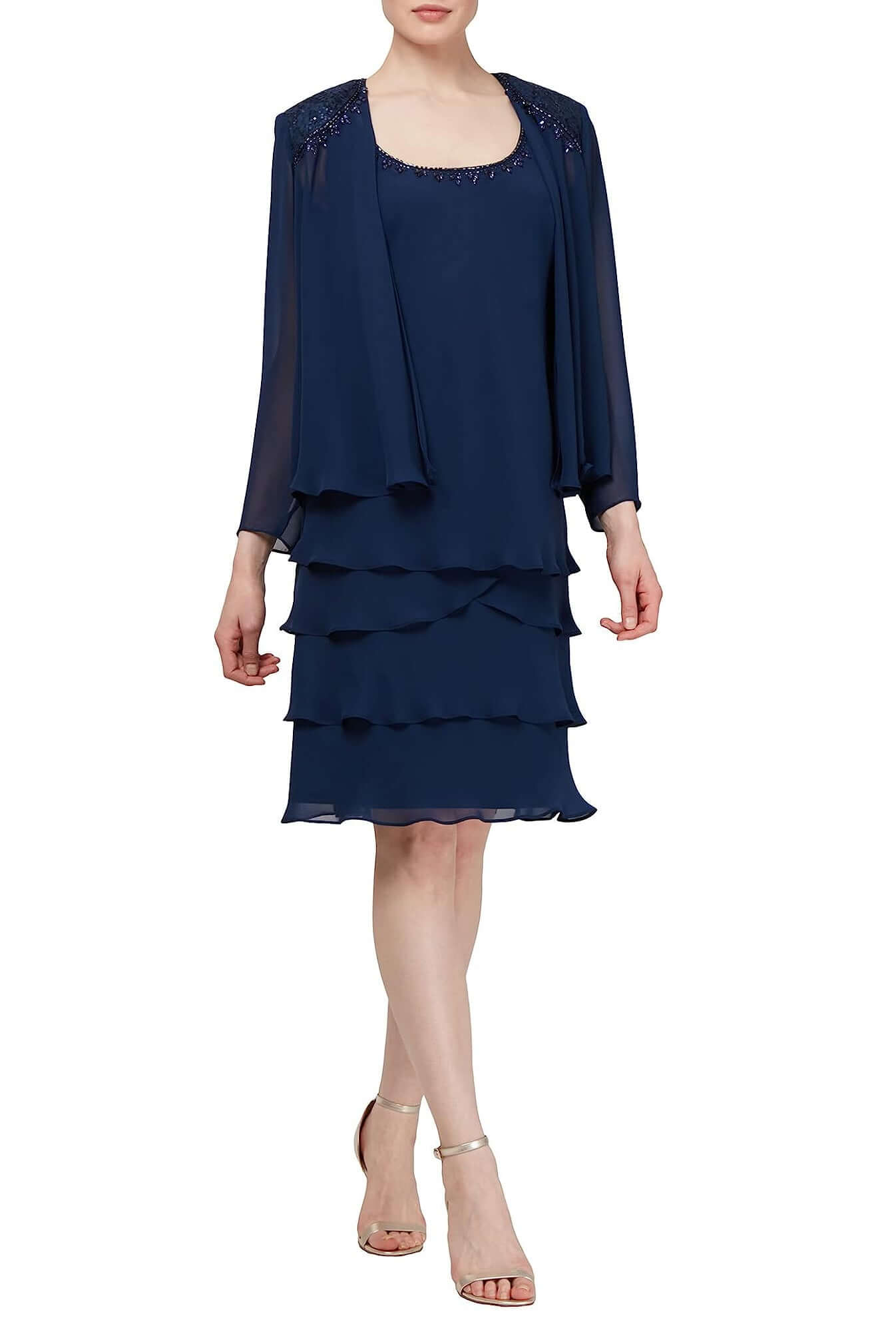 SL Fashion Embellished Scoop Neck Sleeveless Tier Chiffon Dress with Matching Embellished Lace Shoulder Jacket - ECLIPSE - Front