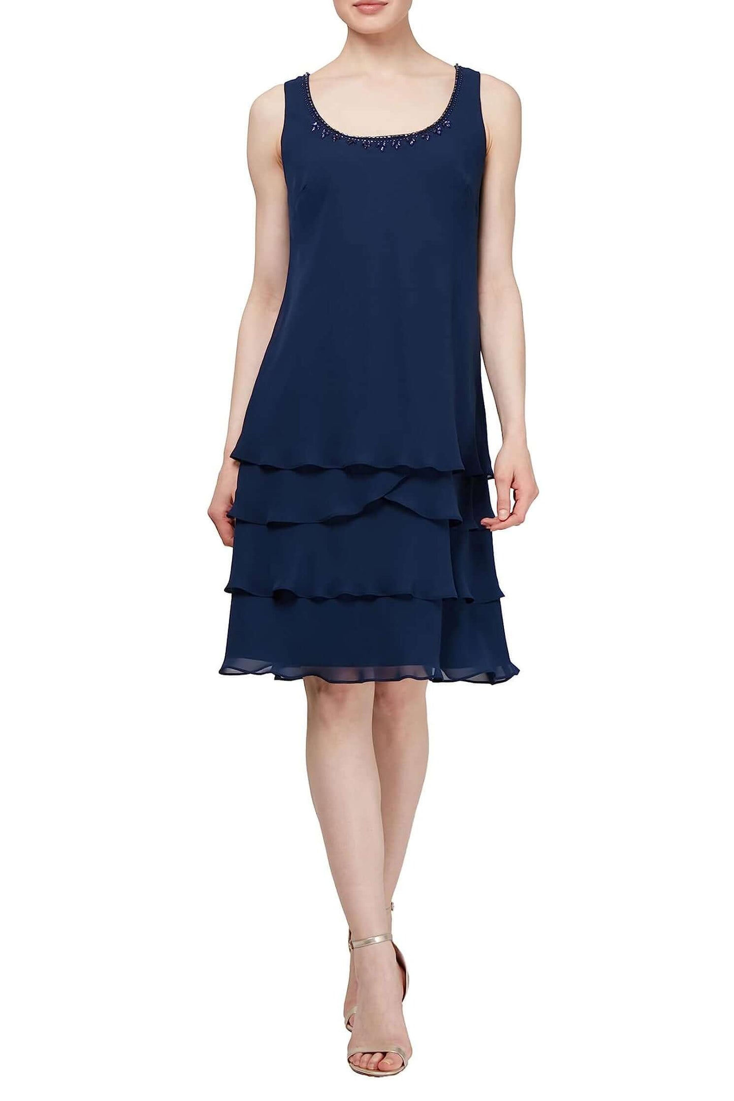 SL Fashion Embellished Scoop Neck Sleeveless Tier Chiffon Dress with Matching Embellished Lace Shoulder Jacket - ECLIPSE - Front Without Jacket
