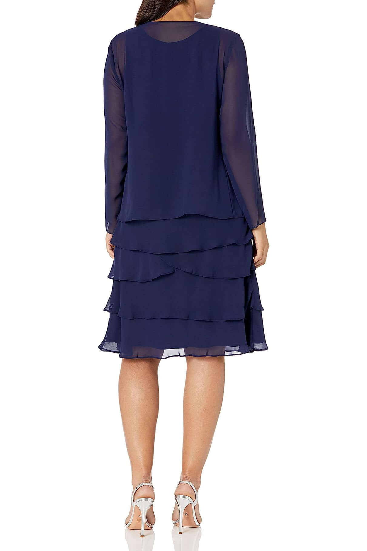 SL Fashion Embellished Scoop Neck Sleeveless Tier Chiffon Dress with Matching Embellished Lace Shoulder Jacket - ECLIPSE - Back