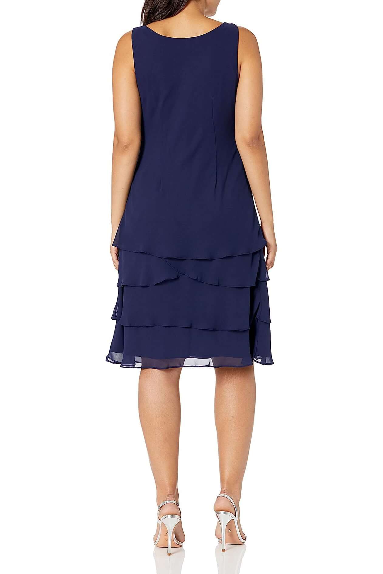SL Fashion Embellished Scoop Neck Sleeveless Tier Chiffon Dress with Matching Embellished Lace Shoulder Jacket - ECLIPSE - Back Without Jacket