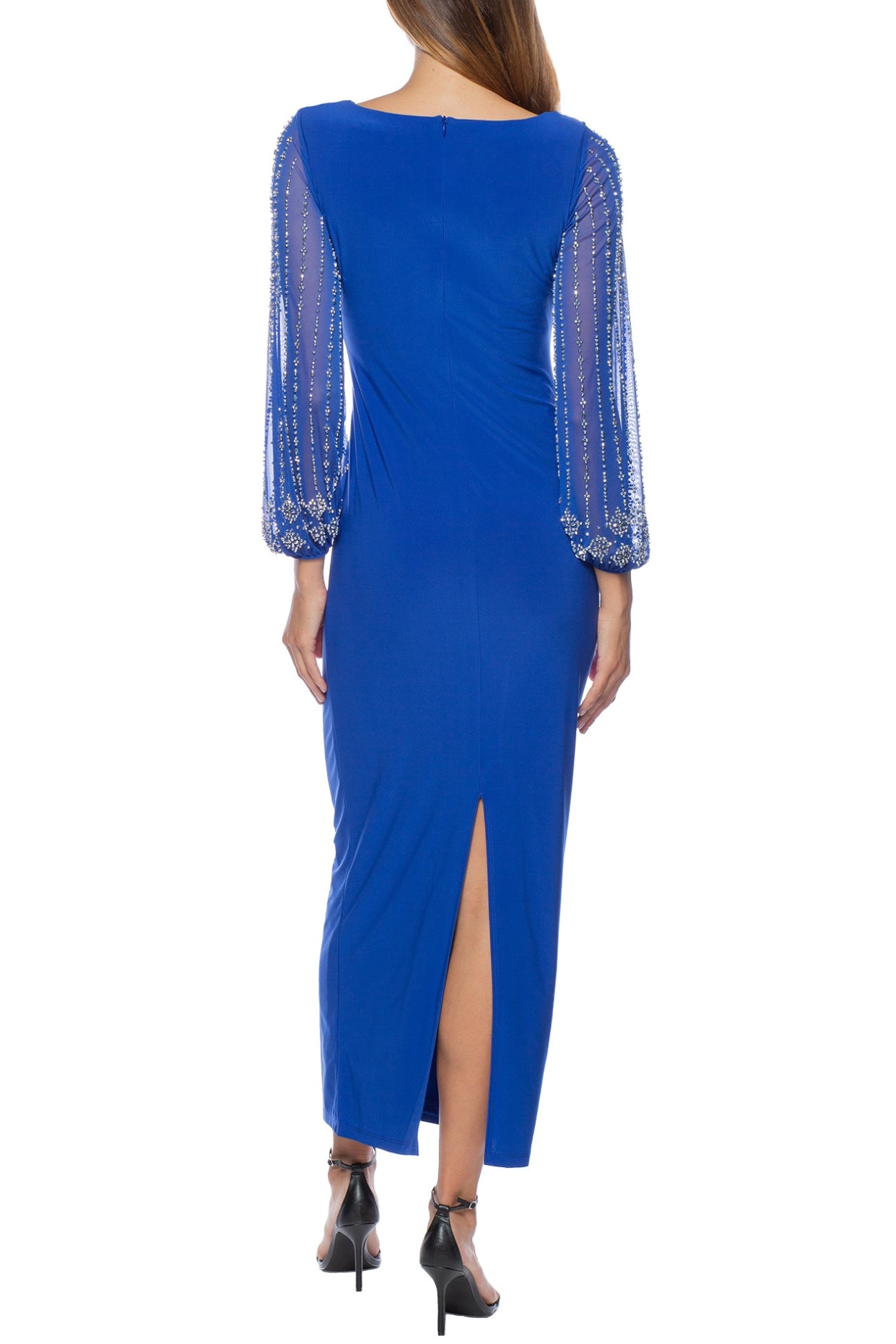 Marina Beaded Long Sleeves Elastic Cuffs Bateau Neckline Back Zip Closure Sheath Gown Dress (Plus Size) - COBALT - Back