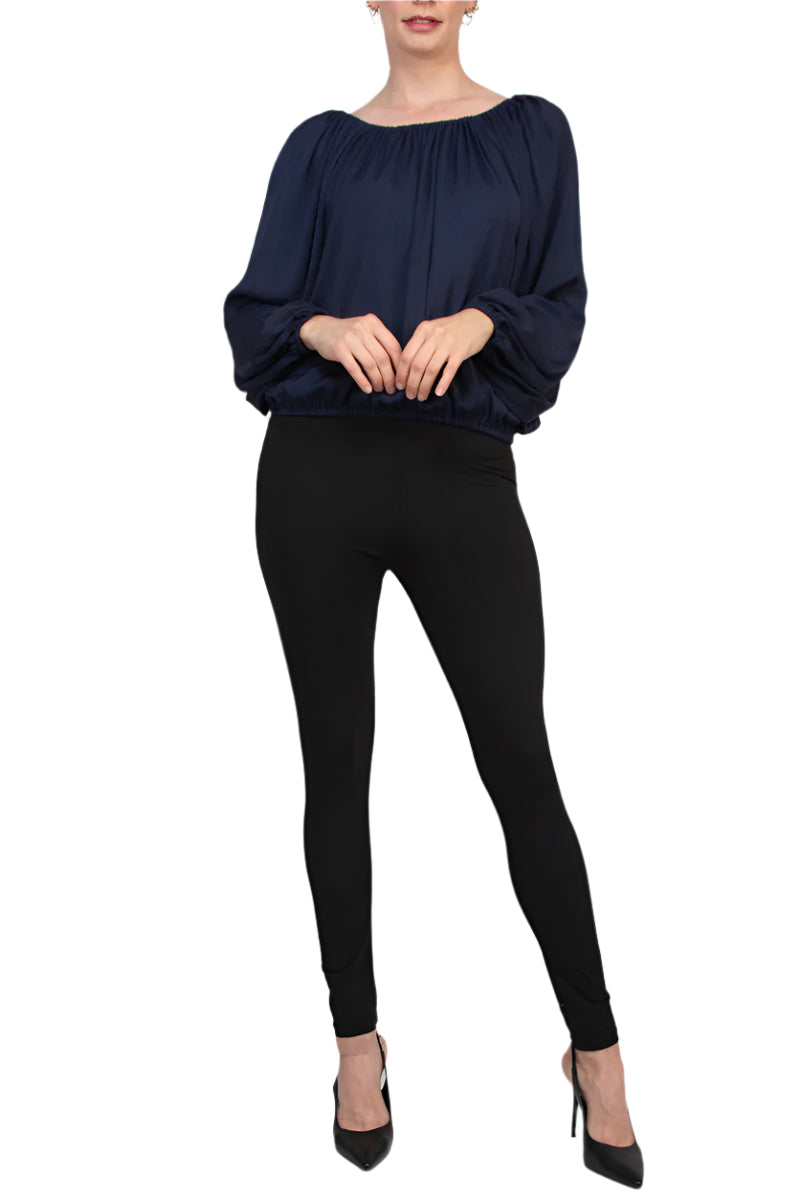 Counter Parts Tie Round Neckline Long Sleeves Elastic Cuffs Blouse - NAVY - Front