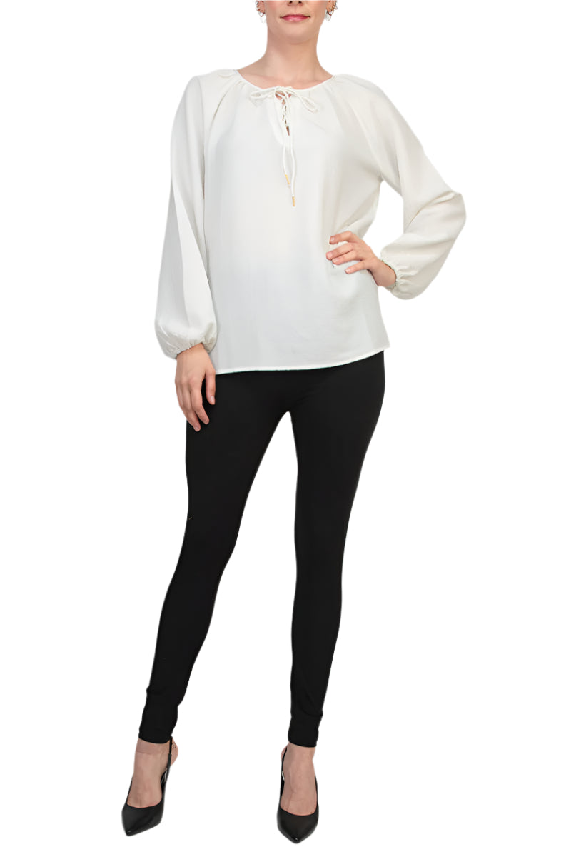 Counter Parts Tie Lace Round Neck Long Bishop Elastic Cuffs Sleeves Blouse - WHITE - Front