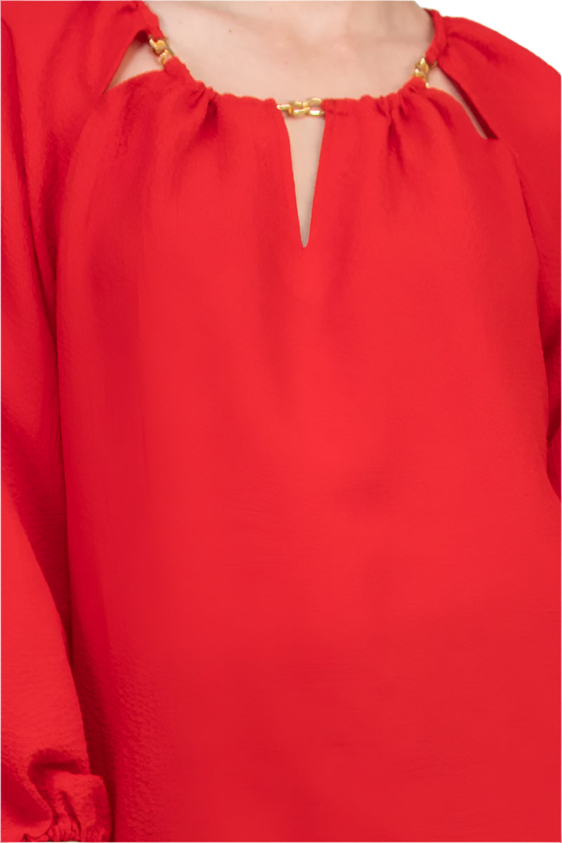 CounterParts Tie Lace Scoop Neck Keyhole Detail Embellished Shoulder Long Elastic Cuff Sleeves Blouse Top - RED - neck