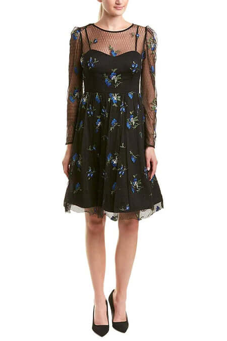 Taylor Boat Neck Long Sleeve Illusion A-Line Keyhole Back Embroidered Mesh Dress - ROYAL BLACK - Front
