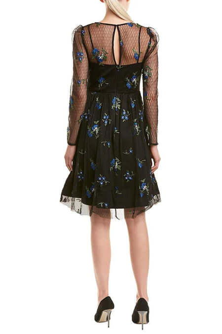 Taylor Boat Neck Long Sleeve Illusion A-Line Keyhole Back Embroidered Mesh Dress - ROYAL BLACK - Back