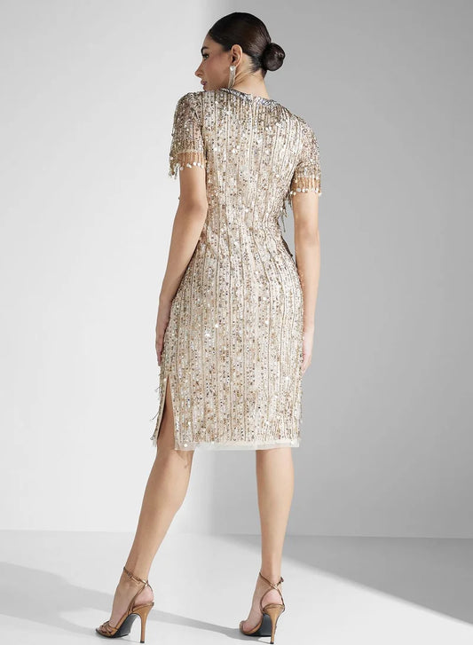 Plus Size Dresses Round Neck Sleeveless Sequin Midi Dress for Evening Wear Light