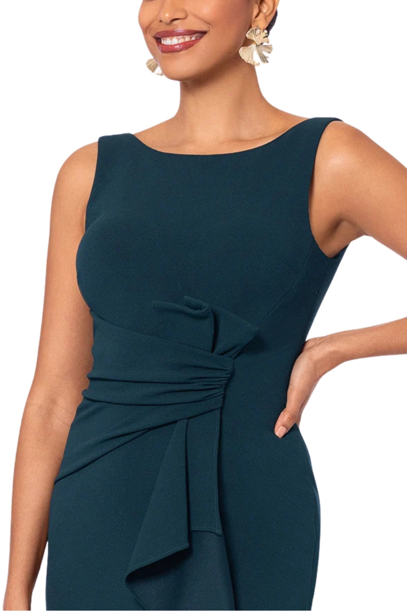 Betsy and Adam Christine Boat Neck V-Cut Back Neckline Drape Ruffled High Front Slit Mermaid Gown Dress